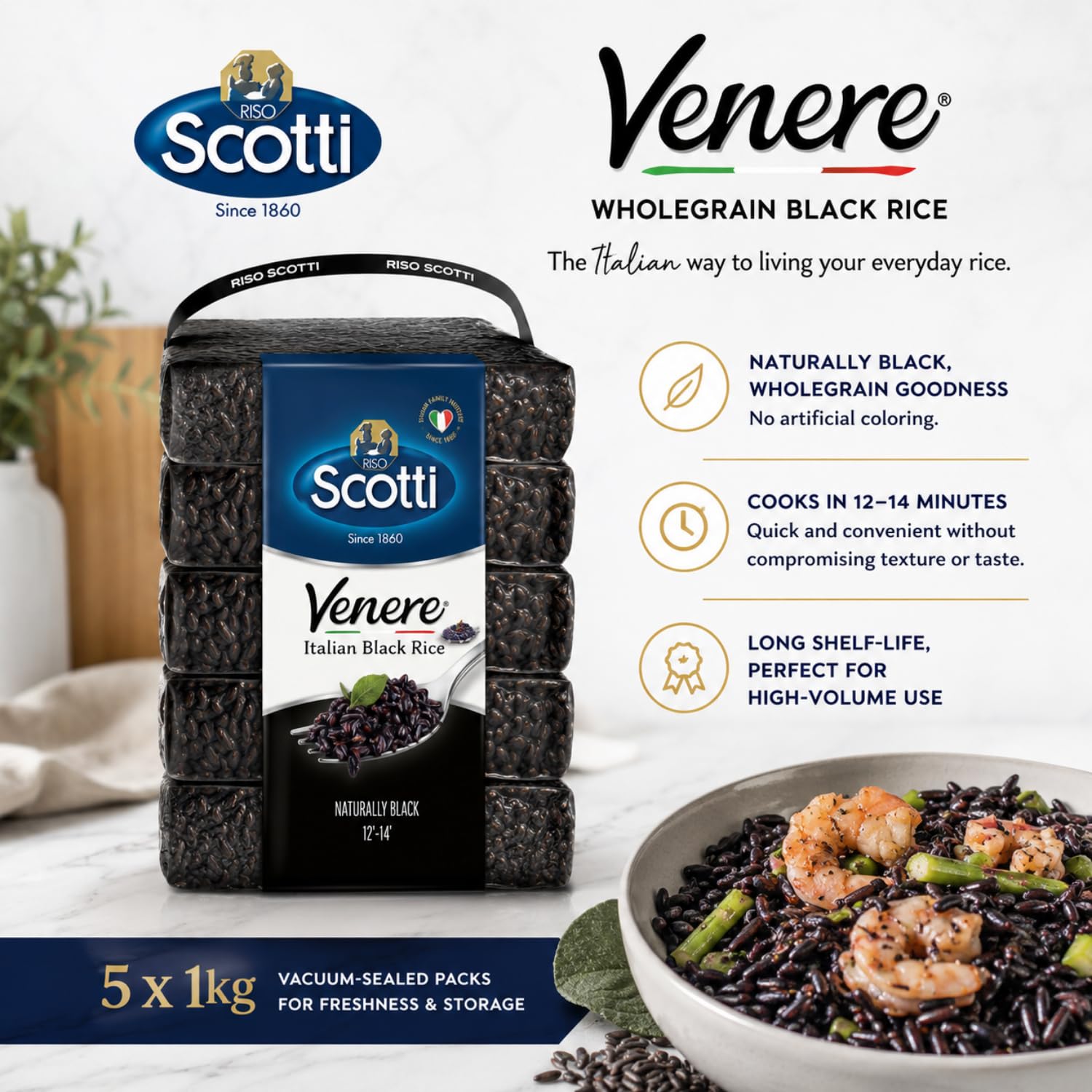 Riso Scotti Schwarzkornreis, Bulk 5,0 kg (5 x 1 kg), Produkt aus Italien, Venere, Premium-Qualität, wilder antiker Vollkornreis, Produkt aus Italien