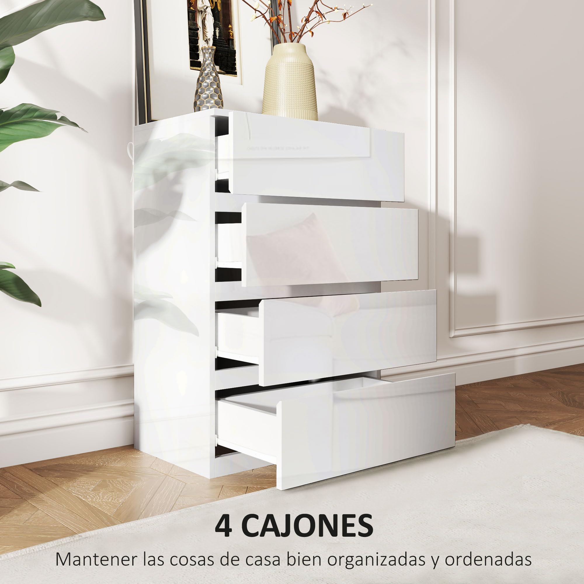 HOMCOM Cómoda con 4 Cajones Cómoda de Dormitorio Moderno con Diseño Anti-vuelco Cajonera para Salón Pasillo 55x33x80 cm Blanco Brillante