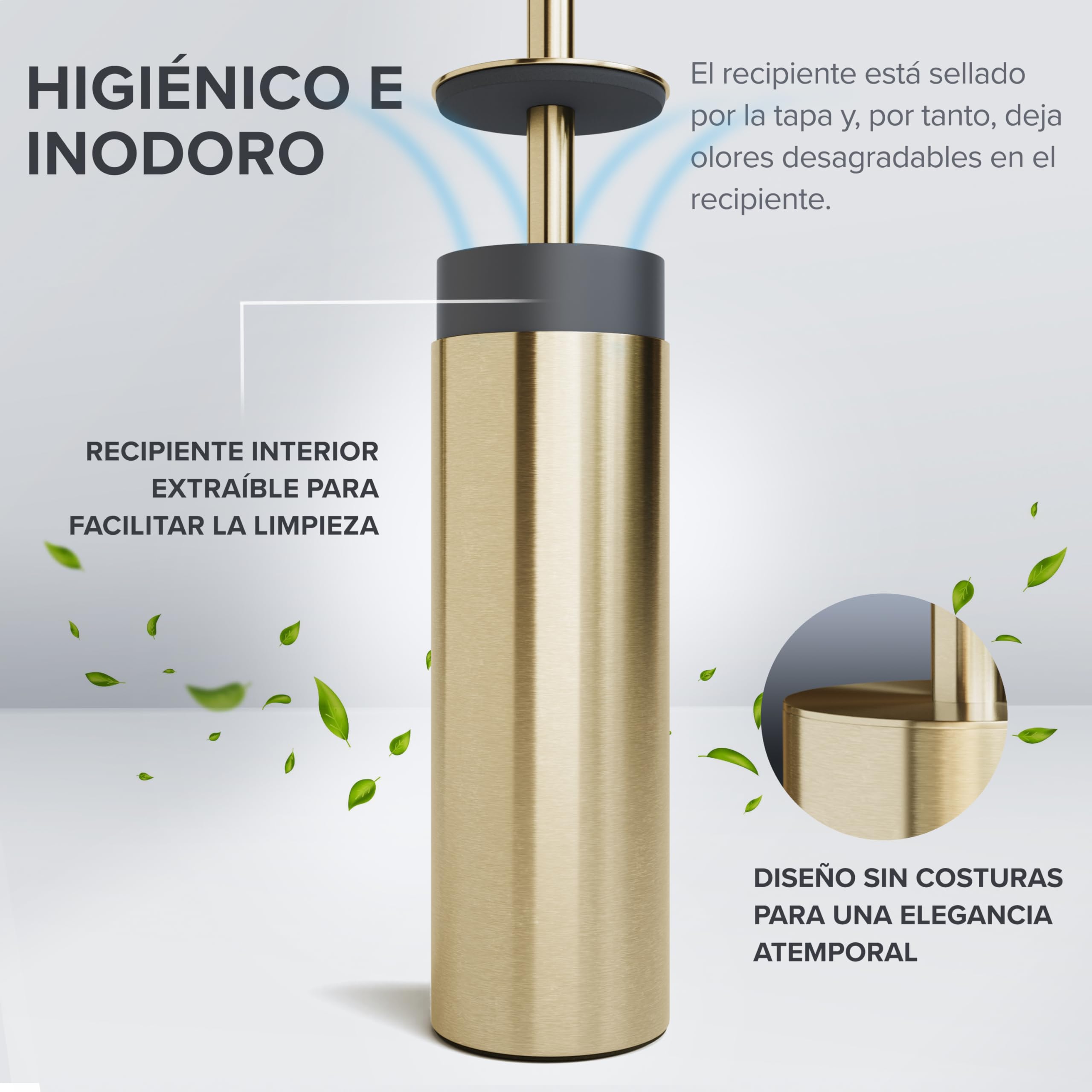 ovimar Escobilla para inodoro Hou | Silicona | Oro | De Acero Inoxidable con Tapa l Independiente para baño e Inodoro de invitados | Escobilla de inodoro con cabezal intercambiable | Diseño Silvolles