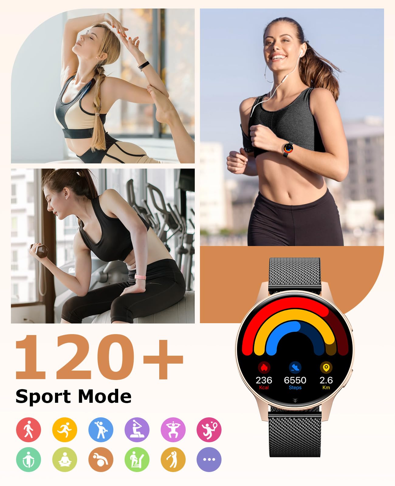 Miecgth 2025 Smartwatch Donna con SIRI/ET/HRV, 1.27" TFT Orologio Donna con Chiamate Cardiofrequenzimetro Ciclo Mestruale IP68 24H Sonno Caloria Fitness Tracker per Android & iOS (Oro nero)