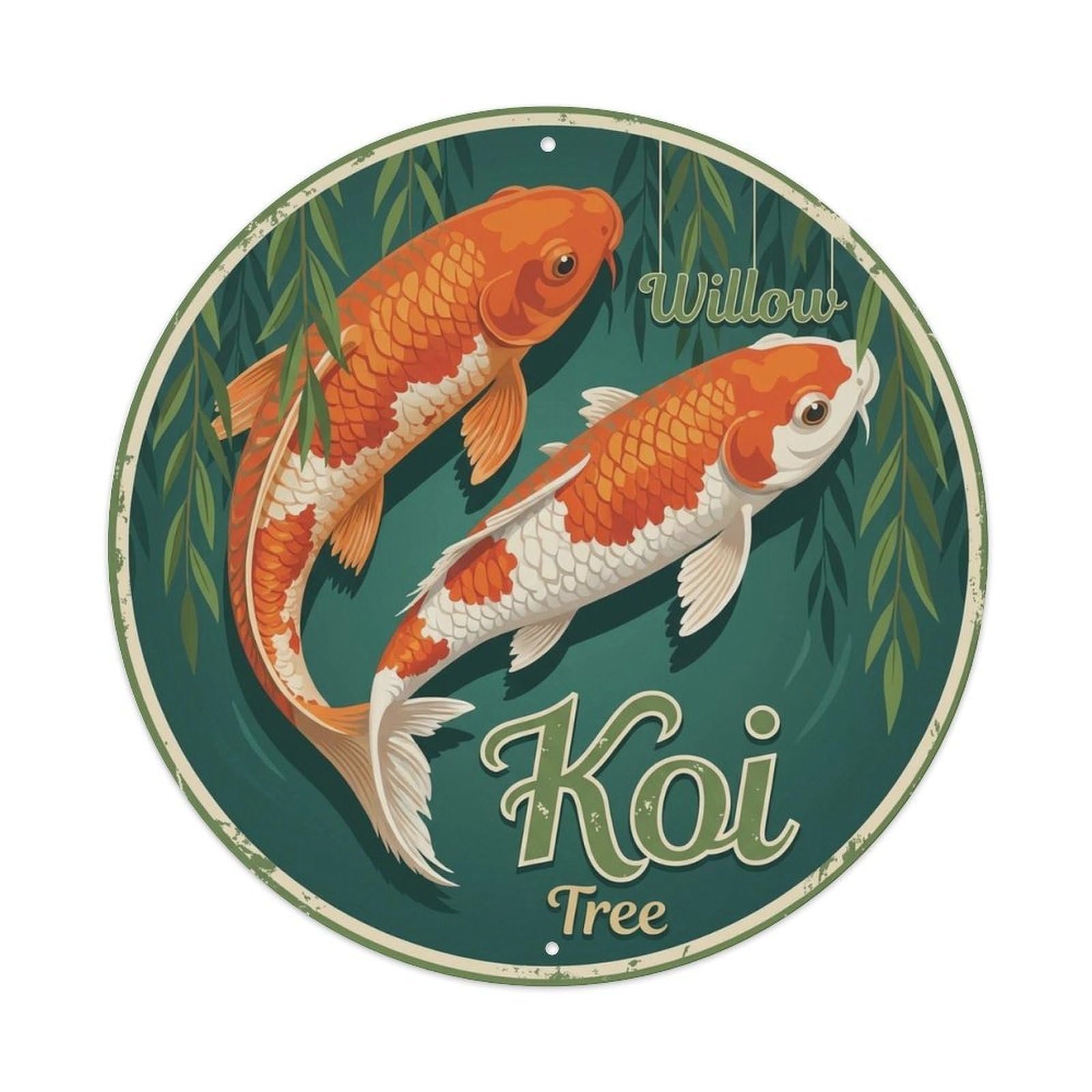 Koi Carp Botanical Willow Blossom Motif Classic Metal Tin Sign Plaque Wall Decor for Cafe, Man Cave, Club Bar, Office, Home Garden Round Metal Poster 8x8Inch