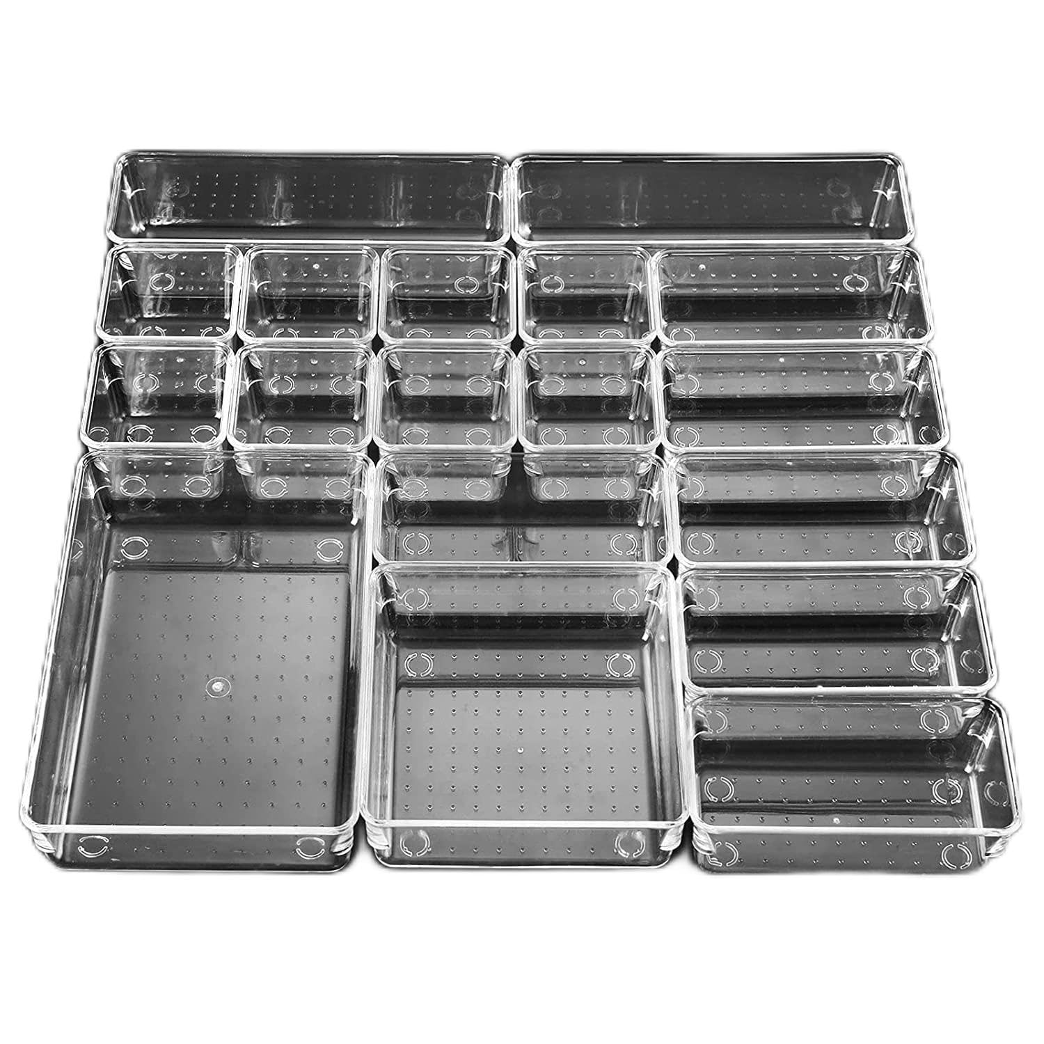 Aokyom 18 PCS Cajas Organizador de Cajón Plástico, Transparentes, para Cajas Bandejas, Apilables Almacenamiento para Escritorio,Baño,Maquillaje