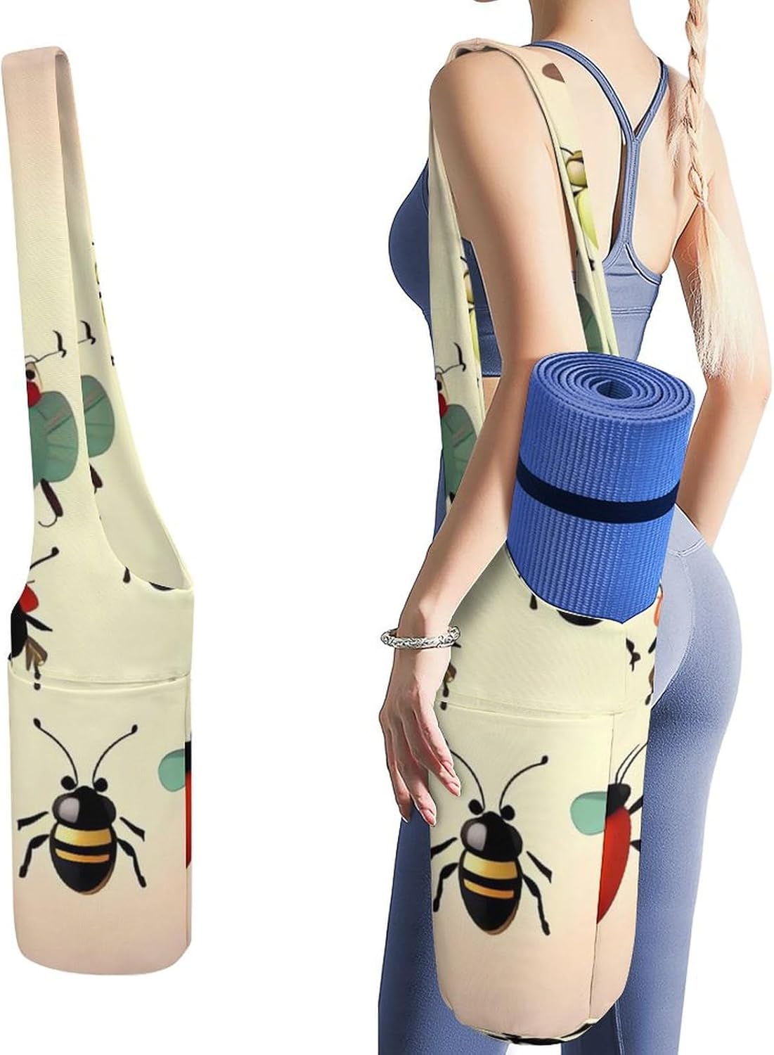 Cartoon Small Animal Yoga Mat Bag, Durable Canvas Yoga Mat Storage Bag with Water Bottle Pocket And Bottom Wet Bag, Fits Most Size Yoga Mats