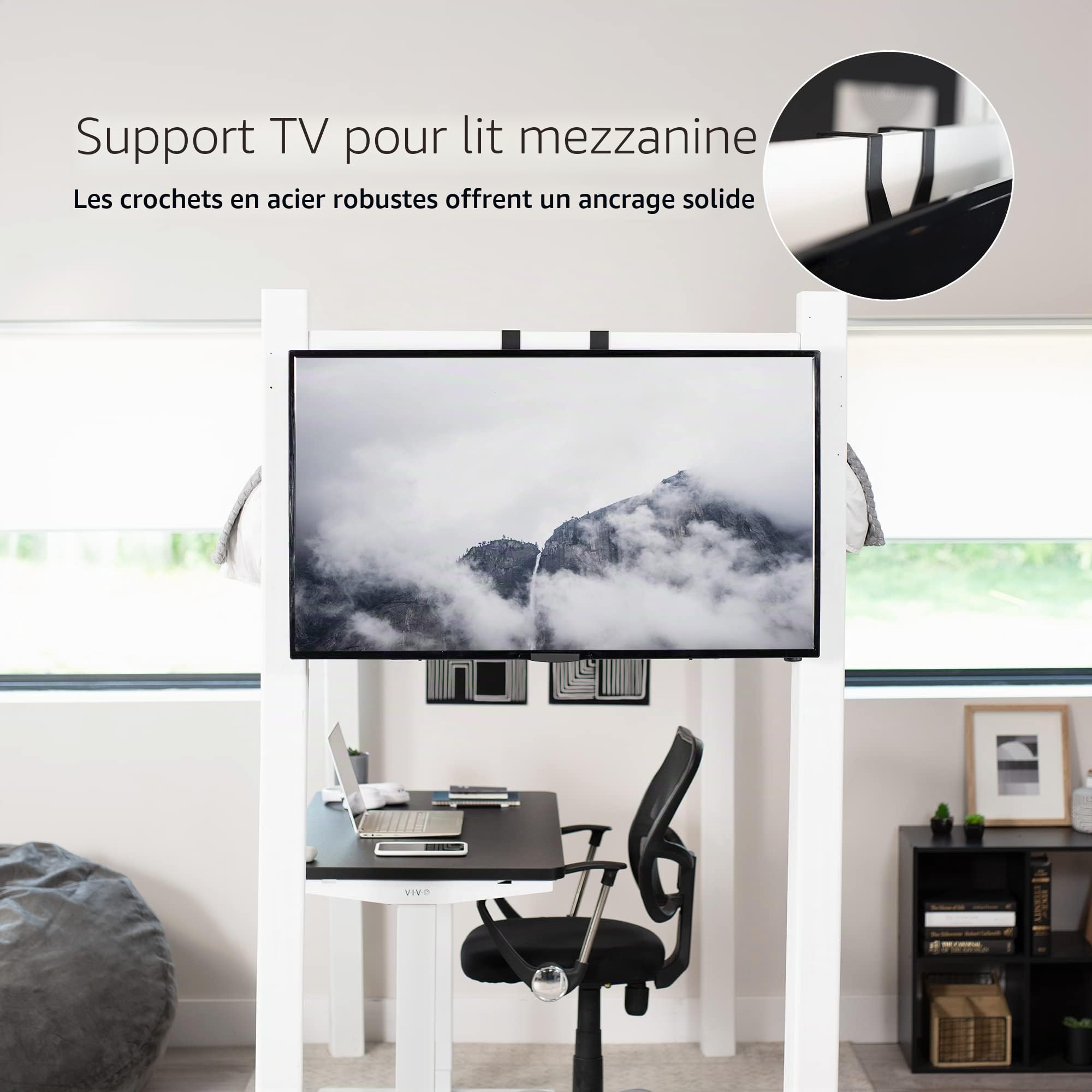 VIVO MOUNT-TV01LB Support de fixation pour écrans plats et incurvés de 24 à 55", en acier léger, barre transversale réglable en hauteur, pour lit mezzanine, porte fine, VESA max 400 x 400, noir