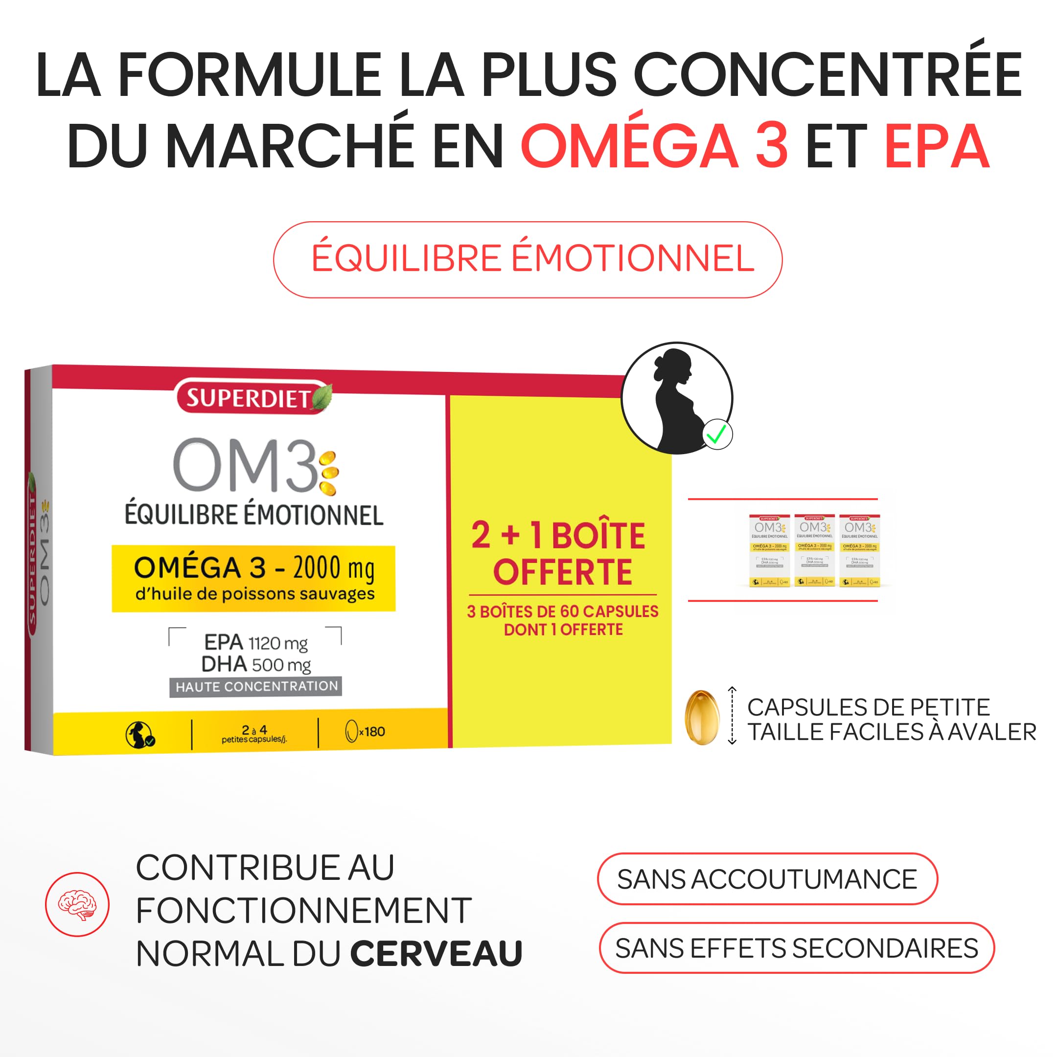 OM3 - Équilibre Émotionnel Formule Originale - Huile de poissons concentrée à 90% d'Oméga-3-Format économique -3x60 capsules