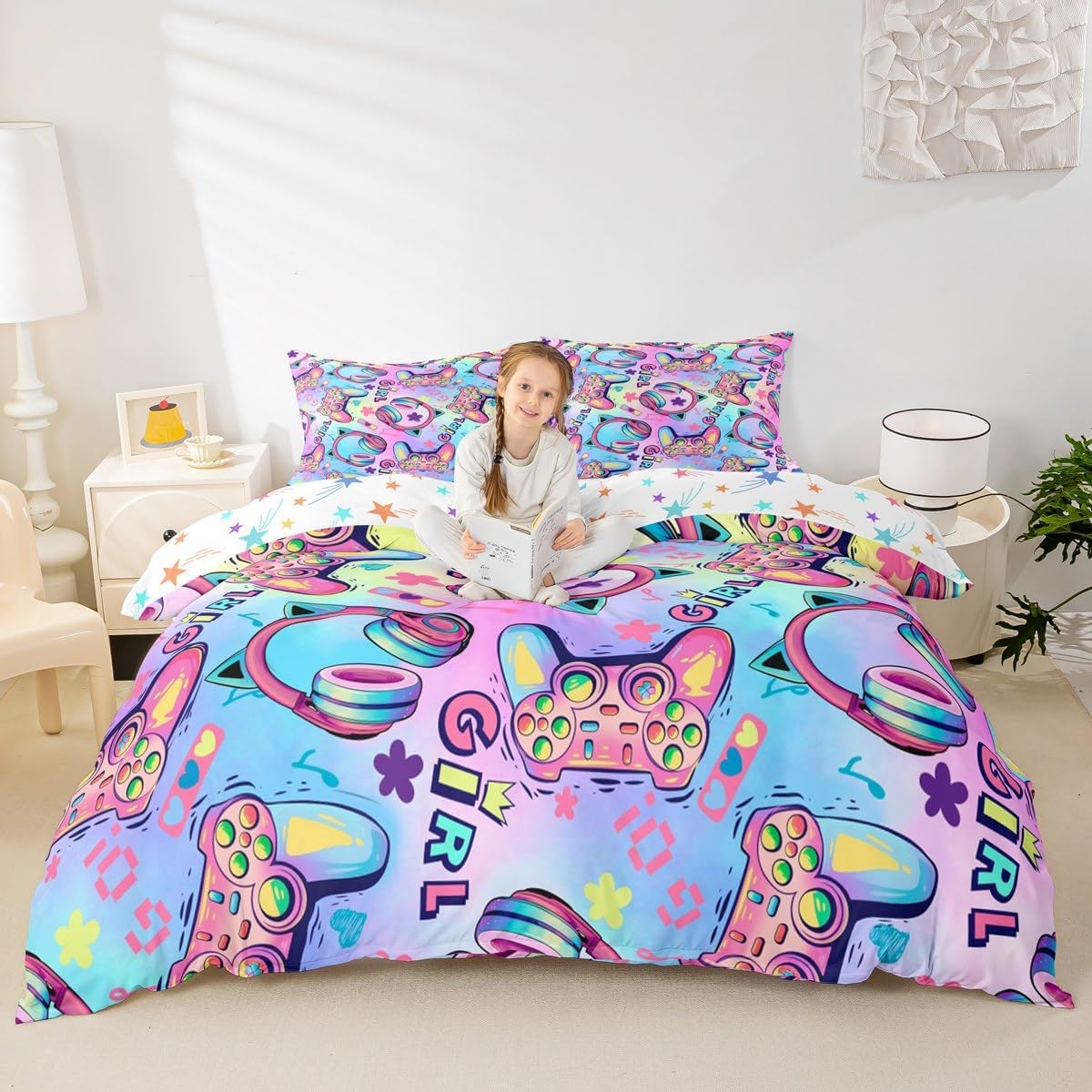 Castle Fairy Girl Gamepad Quilt Cover Queen Size,Video Games Bedding Sets 3Pcs for Kids Girls Boys Adult Room Decor,Neon Watercolor Comforter Cover Modern Fashion Bed Cover,2 Pillowcases