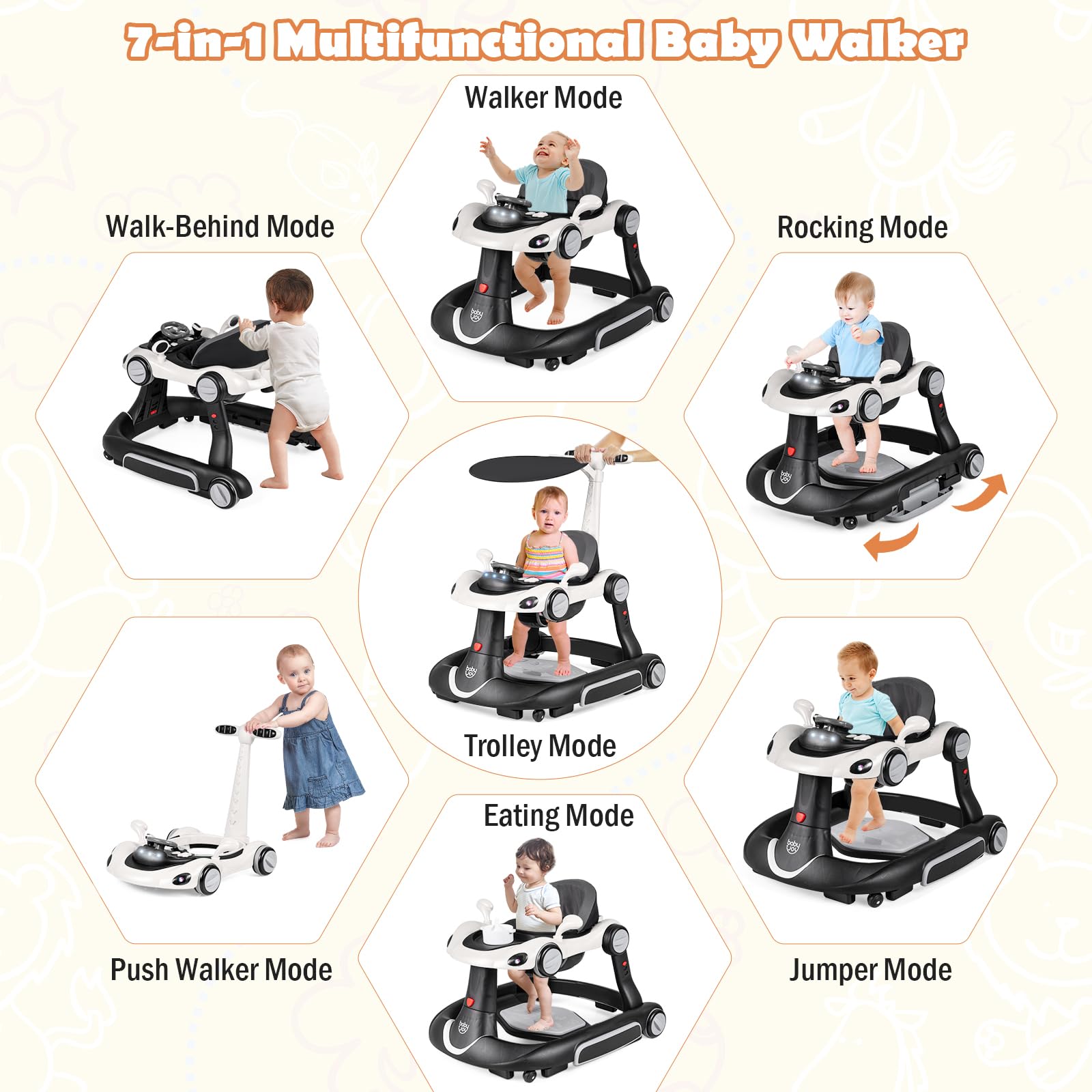 LIFEZEAL Trotteur avec Parasol pour Bébé, Trotteur 6-en-1 avec Lumières, Musique, Centre de Jeux et Plateau, Chariot de Marche à Hauteur et Vitesse Réglables pour Bébé 7 à 18 mois (Noir) - 4
