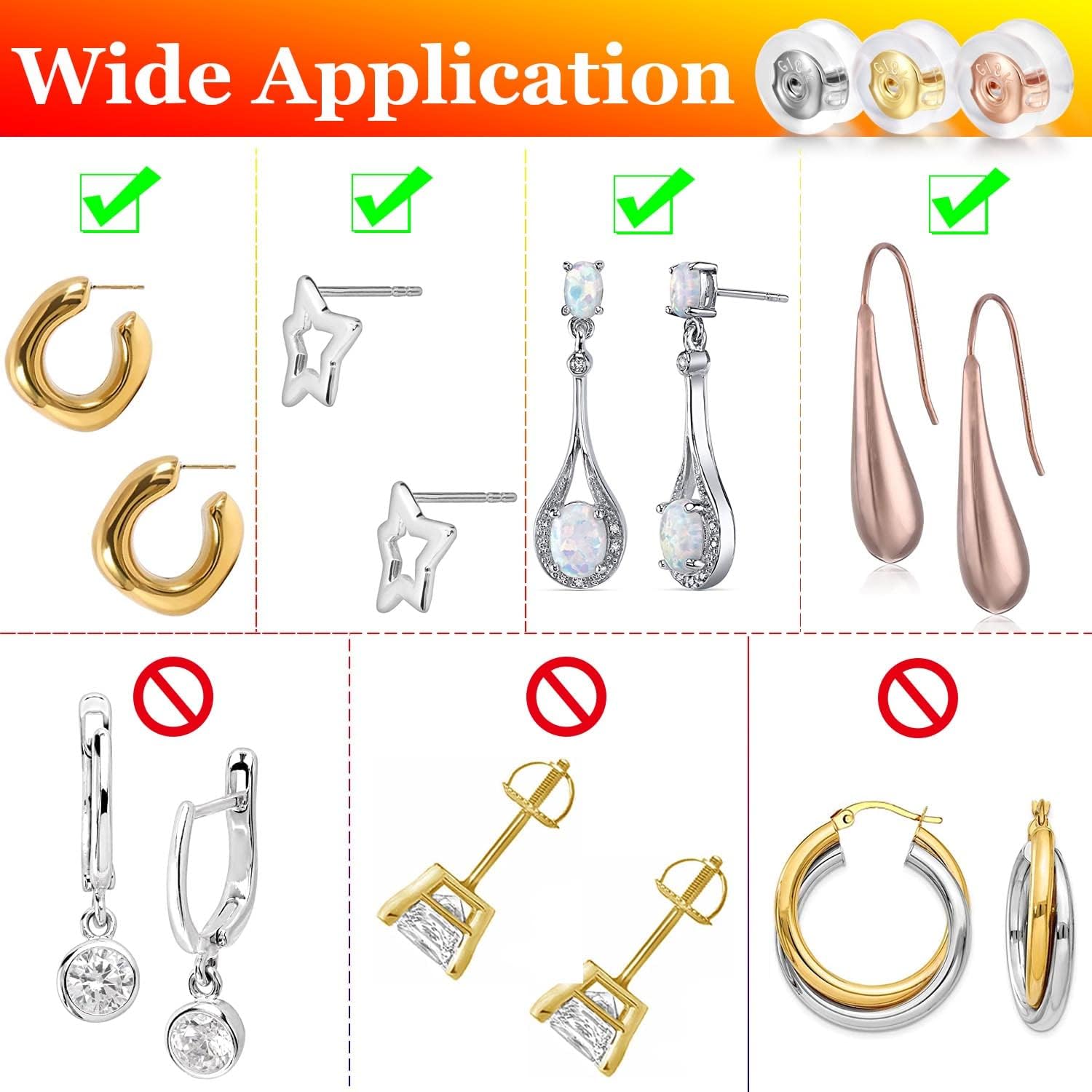 18K Gold Locking Secure Earring Backs for Studs, Silicone Earring Backs Replacements for Studs/Droopy Ears, No-Irritate Hypoallergenice Earrings Backing for Women Men, 12 PCS Gold - Image 4