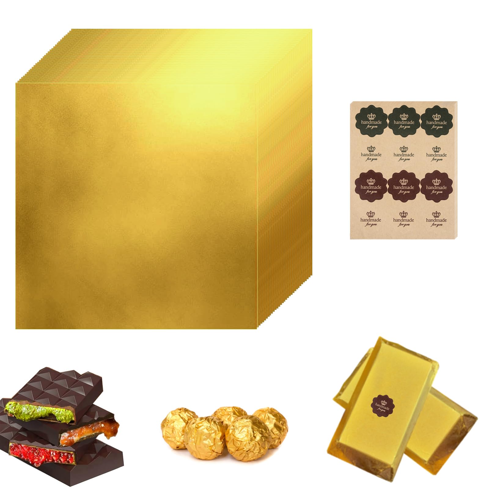 100 Pcs Dubai Chocolate Bar Wrappers with Thick Paper Backing and Stickers, 20 x 20 cm/7.87″‌x 7.87″‌ Gold Foil Deep Chocolate Wrapping Paper for Homemade Candies Sweeties (100, 7.87″‌x 7.87″‌)