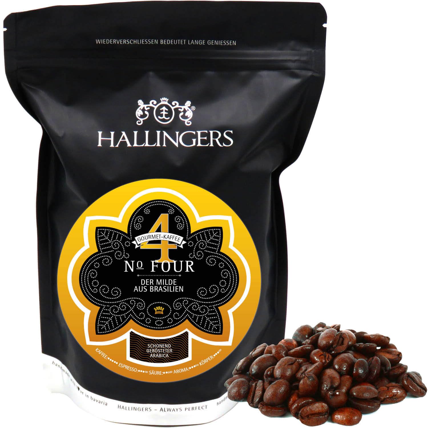 Hallingers Genuss Manufaktur Edel-Kaffee Geschenk - schonend langzeitgeröstet bei niederen Temperaturen "No. Four" aus Brasilien, Geschenkidee für Frauen Männer