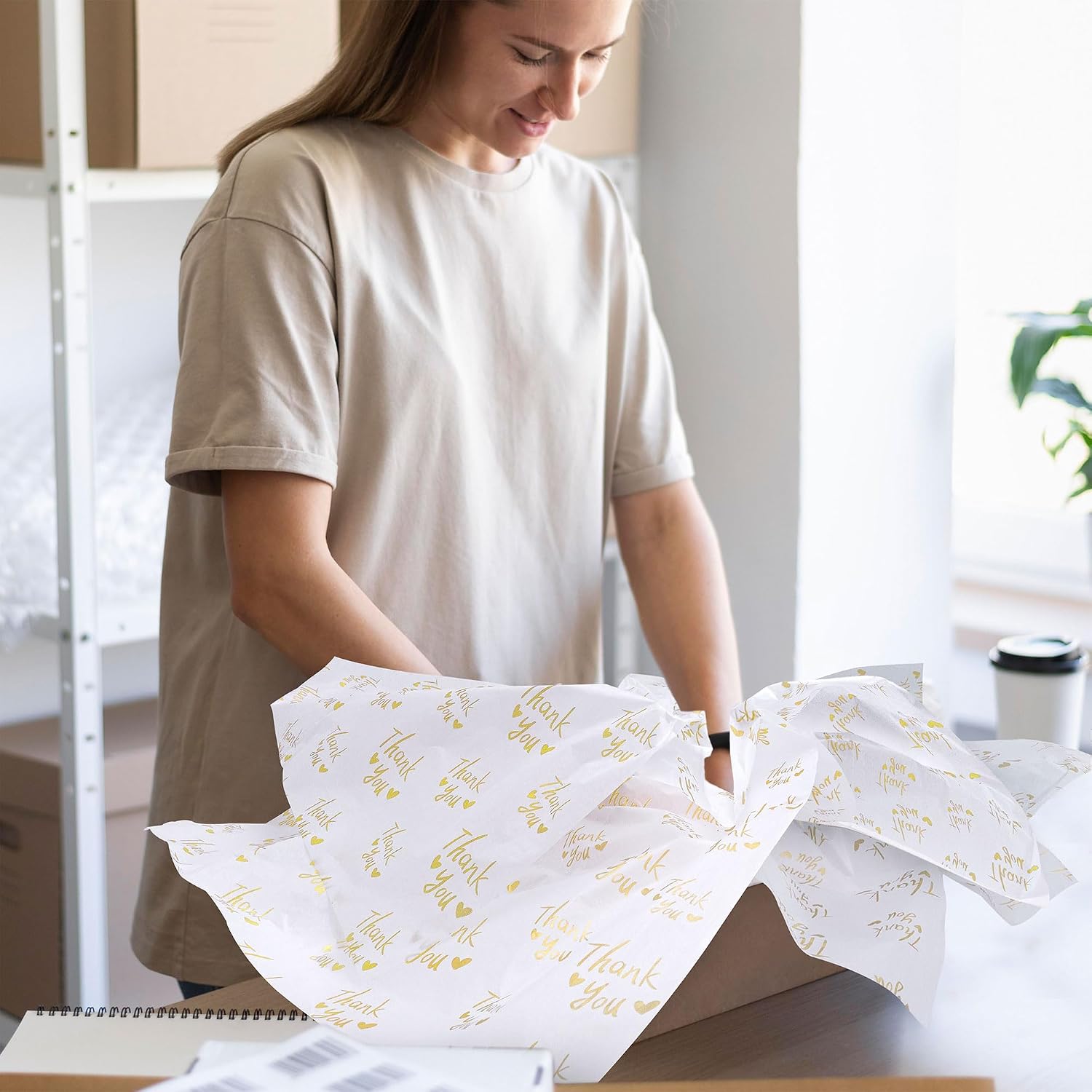MR FIVE Extra Large 20" x 36" White with Metallic Gold Thank You Tissue Paper Bulk - Large Gold Tissue for Packaging, Gift Bags, Business, 50 Sheets