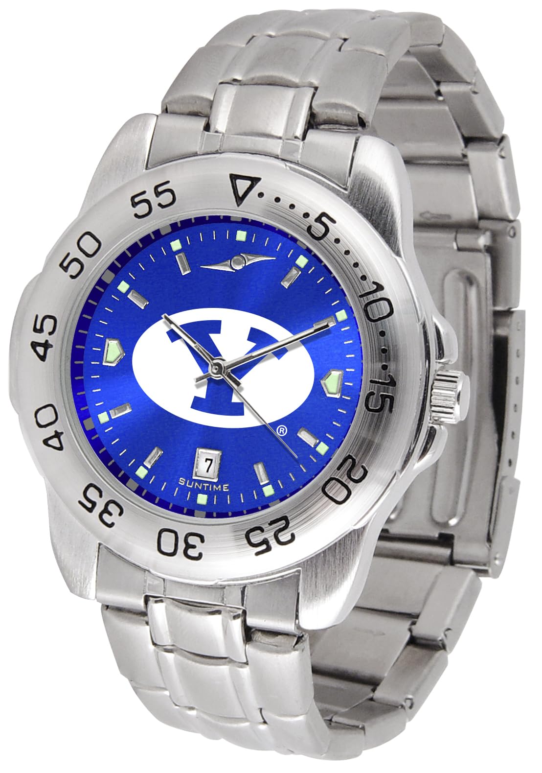 SunTime Men's BYU Cougars Sport Watch, 20mm Stainless Steel Strap, Reflective Shiny Dial with Date