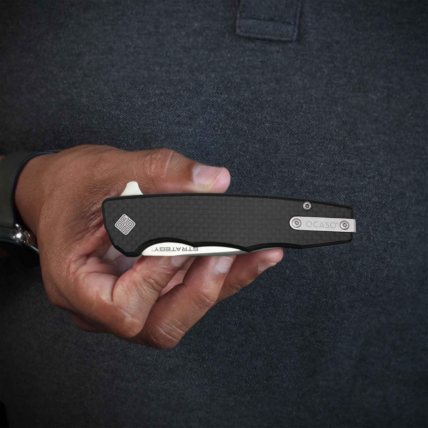 OCASO - Strategy Everyday Carry Pocket Knife, 3.5" Bohler K110 D2 Steel, Aluminum or G-10 Handle, Ambidextrous Deep Carry Pocket Clip, Carbon Fiber/G-10 29BCD