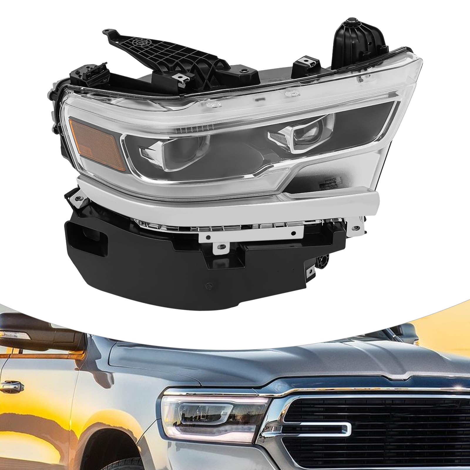 WOHAIPA LED Headlights for 2019-2022 Ram 1500 Laramie Longhorn/Limited, Dual Projector Chrome Headlight, Stable Performance, Front Headlamp