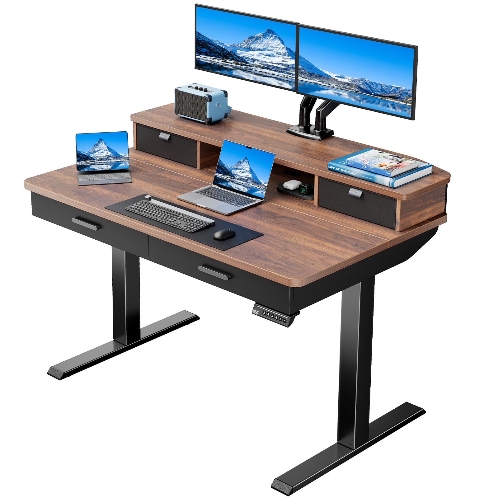 HUANUO 48 x 30 inch Electric Standing Desk with 4 Drawers, Adjustable Height Sit Stand Home Office Desk with Two Tiers, Ergonomic Adjustable Stand up