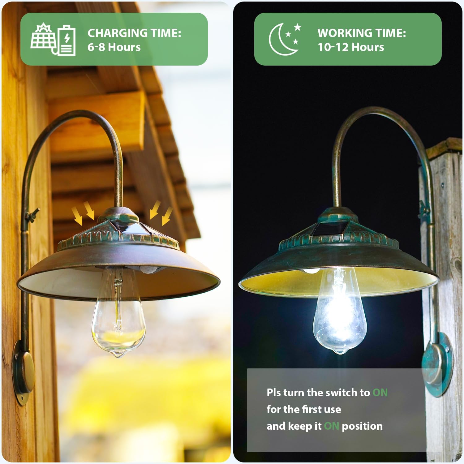 Solar Gooseneck Lights Outdoor Waterproof - Motion Sensor Rustic Vintage Porch Lights with Clear Glass LED Edison Bulbs and 4 Solar Panels for Barn,Patio,Coop,Shed and Courtyard(Bronze 1P)