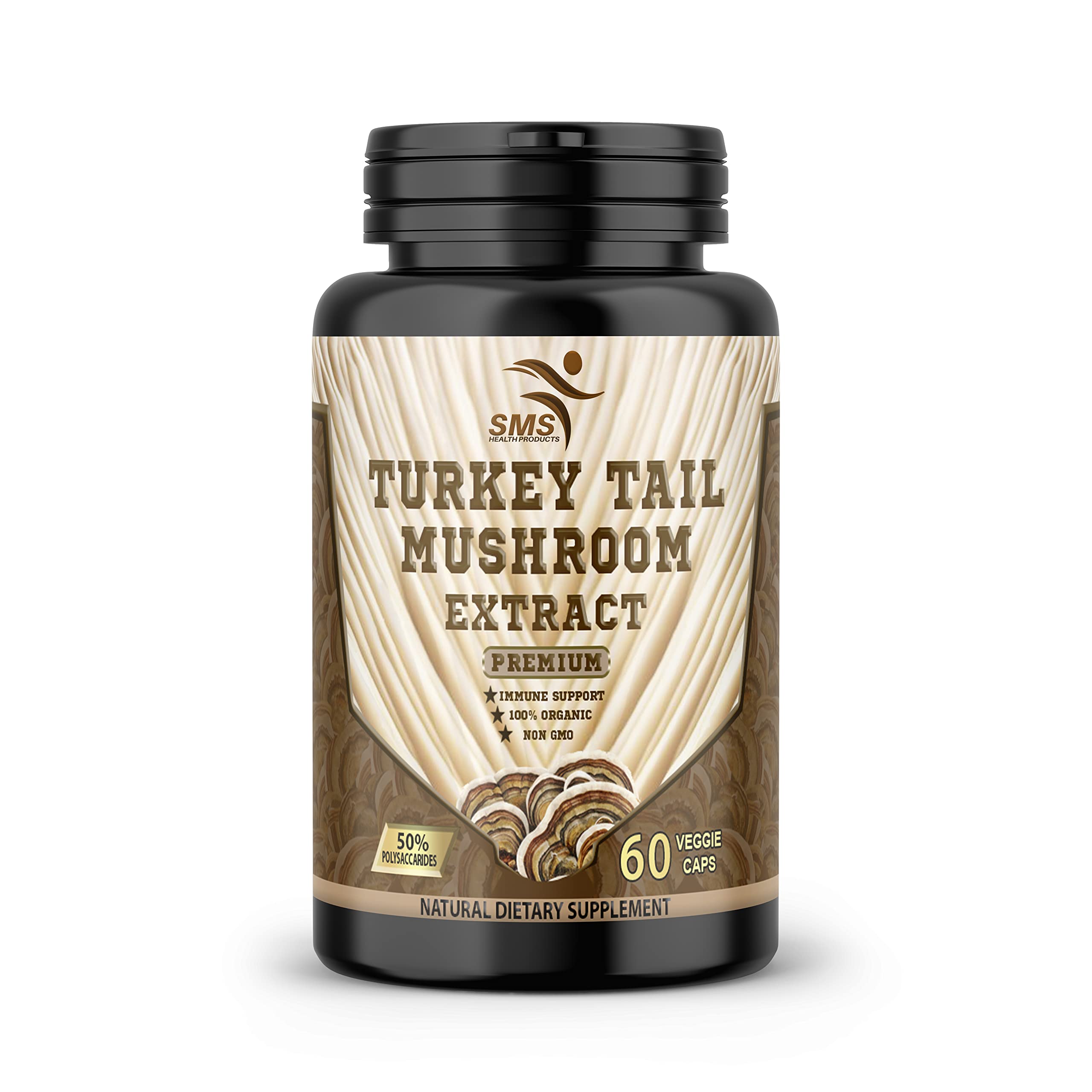 SMSHEALTHPRODUCTS.com Turkey Tail Mushroom Supplement by SMS (60 Veggie Capsules), Comprehensive Immune System Support and Digestive Support, Organic,