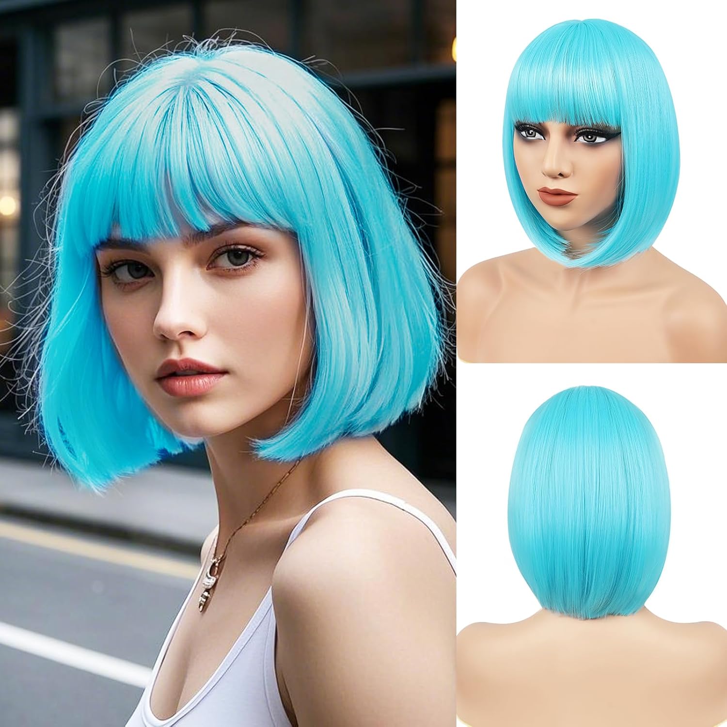 BATISI Teal Bob Wig for Women Short Bob Straight Wigs Flat Bangs Synthetic Costume Cosplay Daily Party Neon Wig 12 Inch