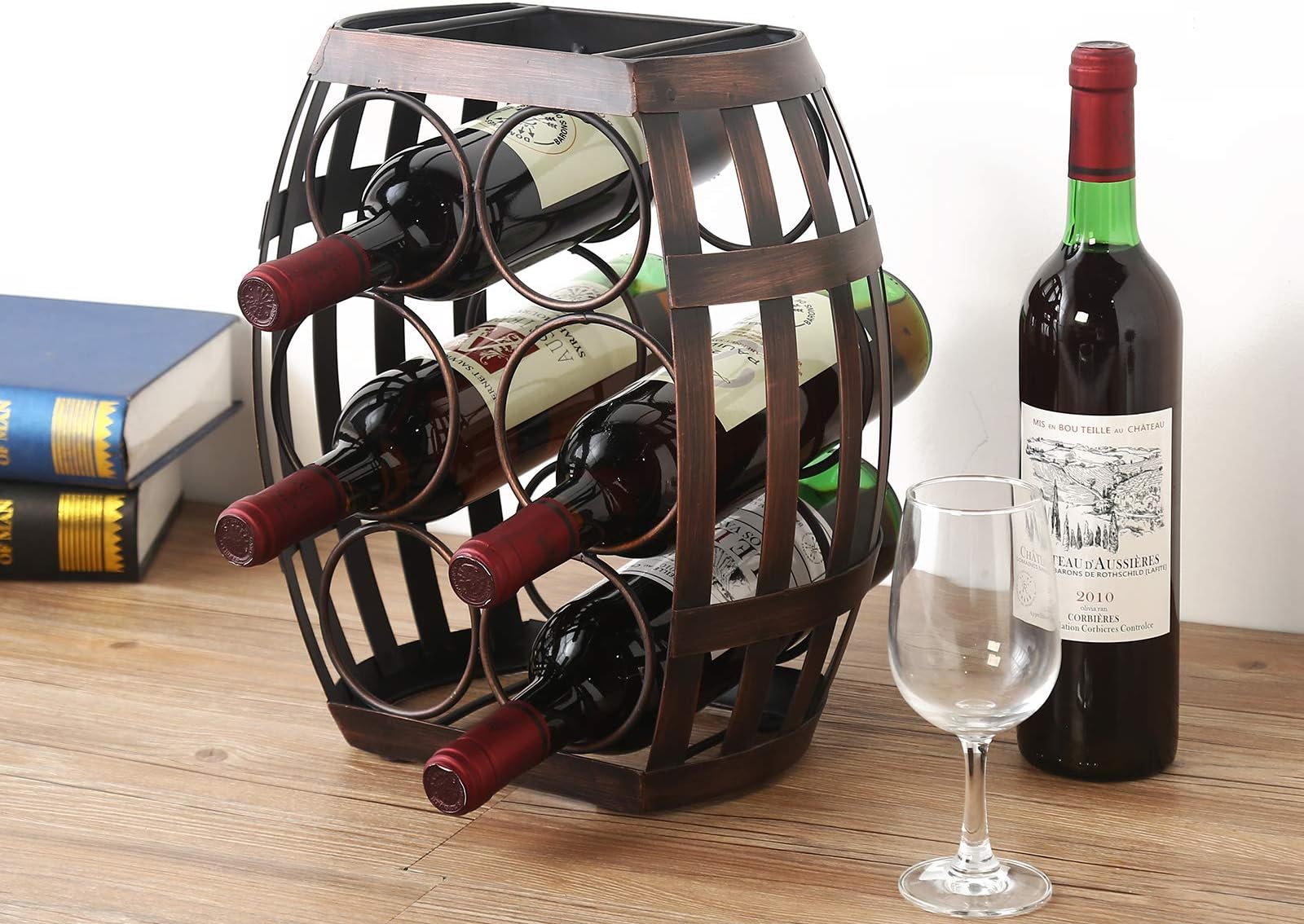 AUTREE Rustic Metal Countertop Wine Rack, Barrel Wine Rack, Tabletop Wine Racks Perfect for Bar, Wine Cellar, Basement, Cabinet, Pantry, etc Hold 6 Bottles