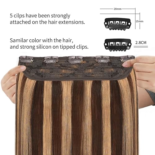 Miniatura 10 de Winsky Extensiones de cabello humano real, una pieza de extensiones de cabello Remy balayage, color marrón, 2.47 onzas (16 pulgadas, 4T27P4)