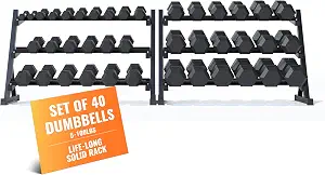 Rubber Hex Dumbbell Set with Rack, 8/10/12/15/20 Pair (450/550/780/1200/1550/2100 lbs total) for Home Gym & Strength Training