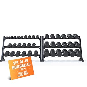 Rubber Hex Dumbbell Set with Rack 8 10 12 15 20 Pair 450 550 780 1200 1550 2100
