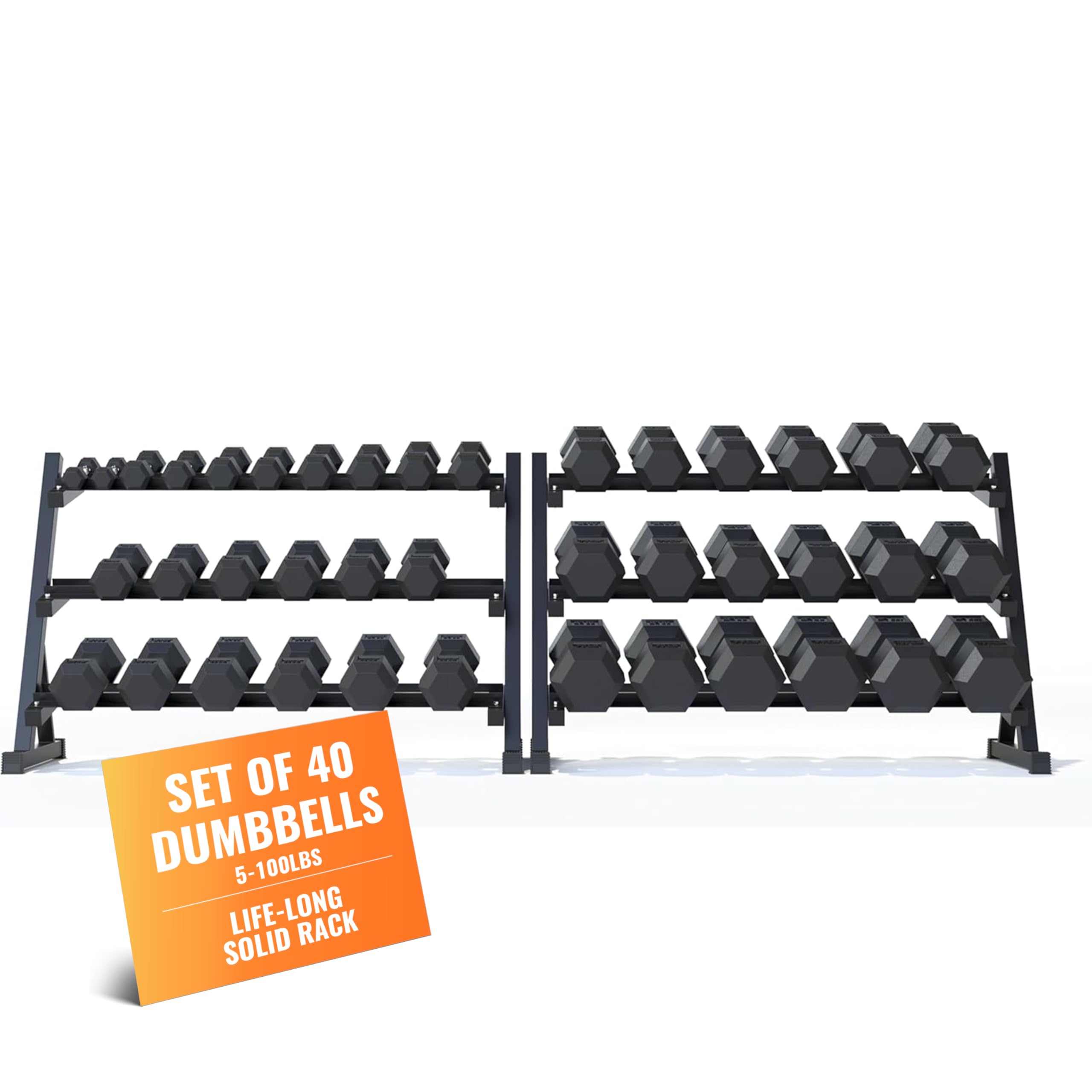 Rubber Hex Dumbbell Set with Rack 8 10 12 15 20 Pair 450 550 780 1200 1550 2100