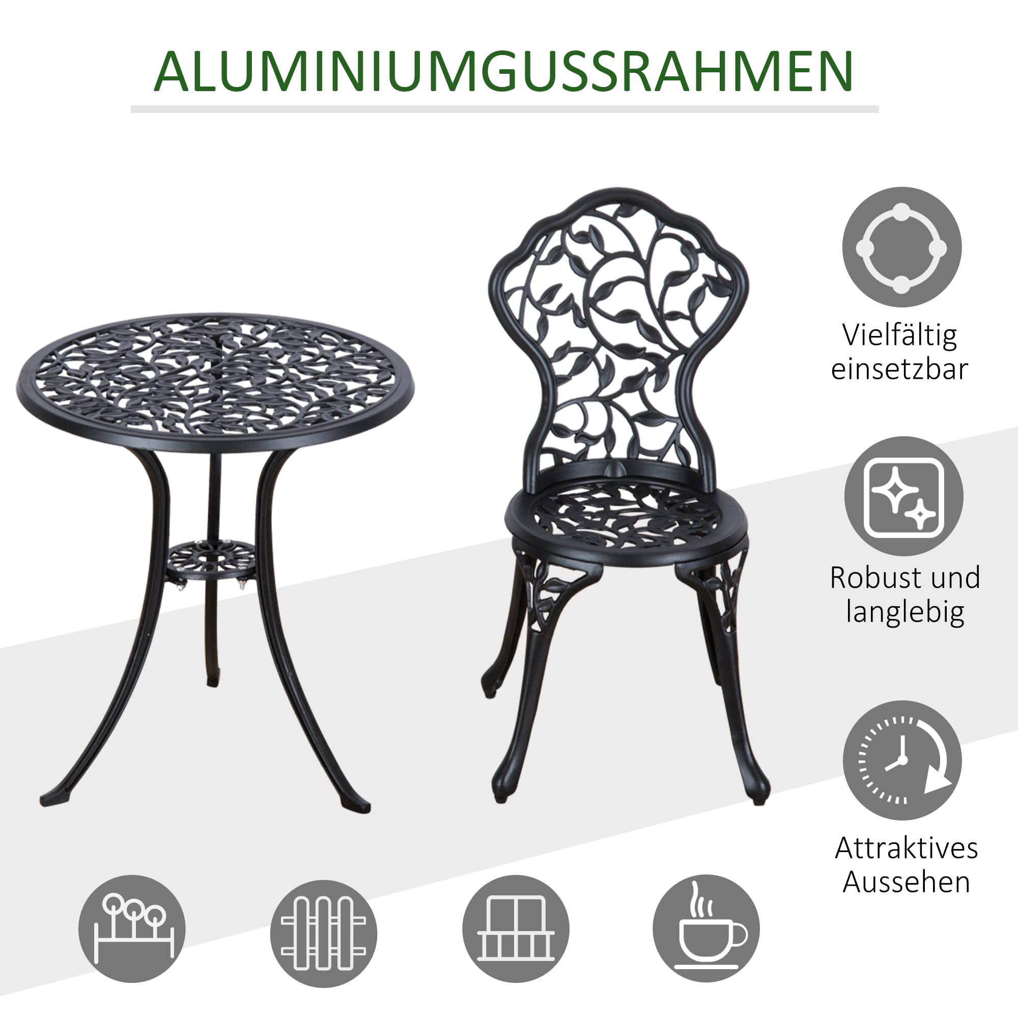 Outsunny Bistroset 3-TLG. Balkonset Aluminiumguss Gartenmöbel Schwarz | Balkonmöbel Set, Bistrotisch mit 2 Stühlen