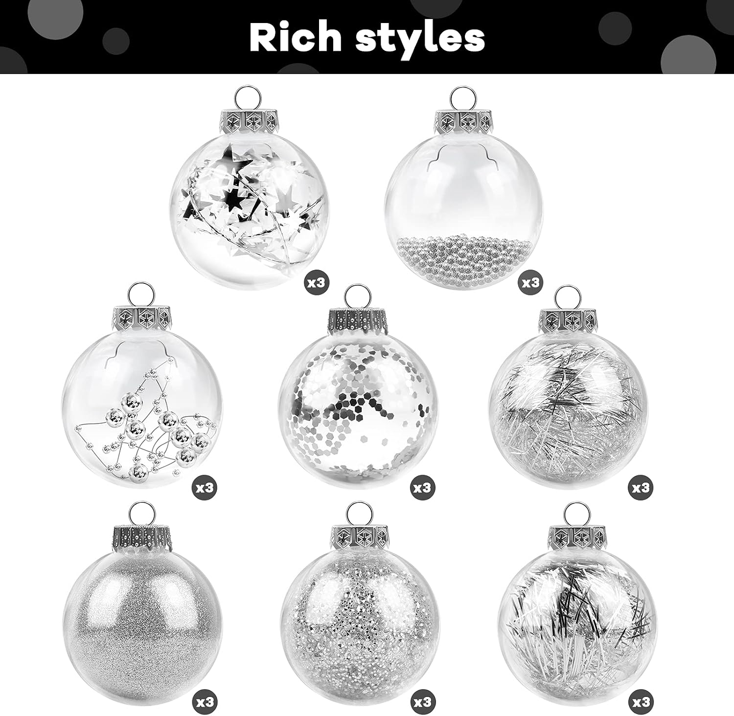 MCEAST 24 Pieces 2.36 Inches Plastic Christmas Balls 8 Designs Shatterproof Decorative Balls Baubles Christmas Hanging Ornaments with Stuffed Delicate Decorations, Silver