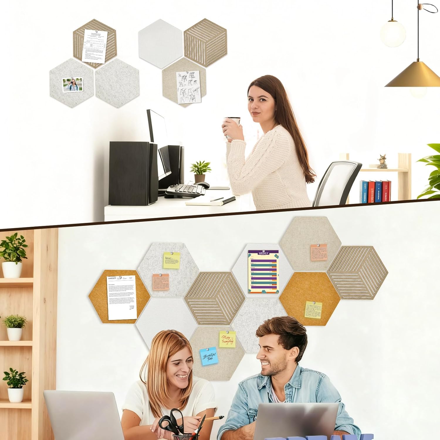 Hexagon Felt Bulletin Board Tiles 10 Pack with Adhesive, Wall Pin Board for Home Office Decor