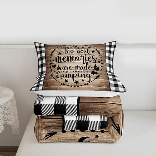 Miniatura 7 de Juego de edredón Happy Camping de tamaño individual, juego de ropa de cama de 2 piezas para niños, niñas y adultos, edredón de madera rústica