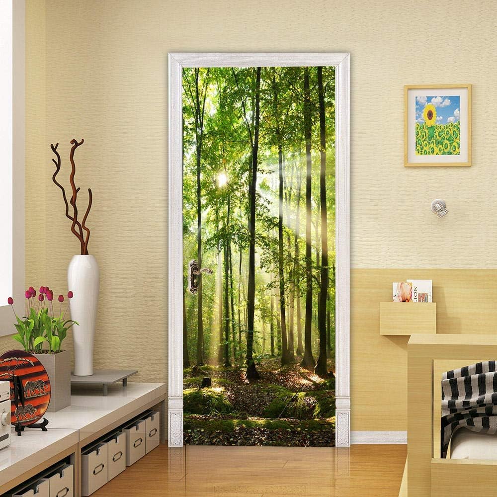 Sticker Porte Trompe l'oeil Effect 3D Forêt Verte Autocollant de Porte Paysage Naturel Auto-adhésif Papier Muraux PVC étanche pour Salon Chambre 100x200 cm e-1323