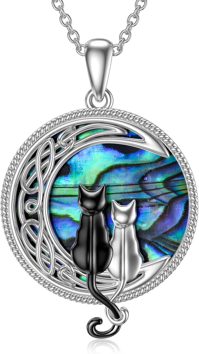 TOUPOP Cat Necklace Sterling Silver Abalone Shell Celtic Cat on the Moon with Abalone Shell Birthday Christmas Jewelry Gifts for Women