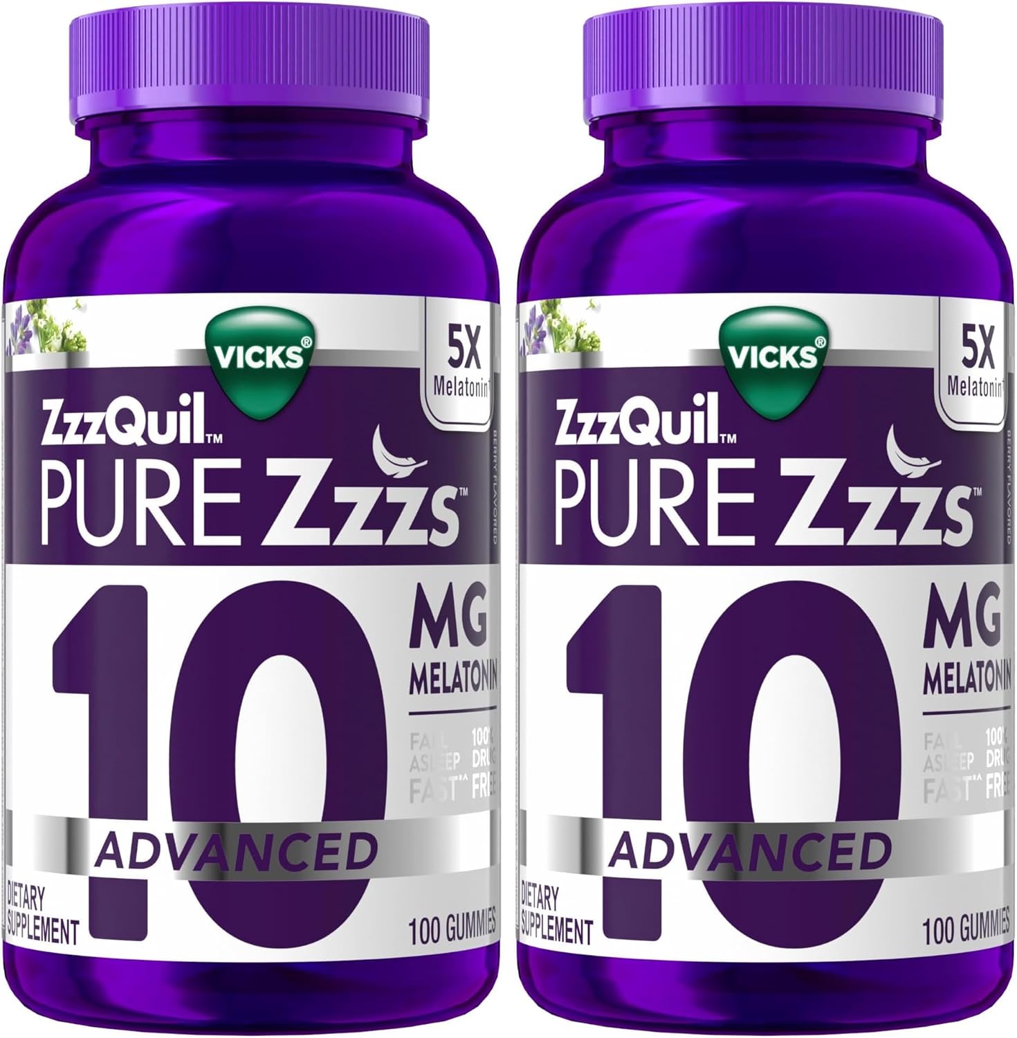 ZzzQuil Pure Zzzs Advanced Melatonin Gummies,Sleep Aid with Chamomile & Lavender for Adults Berry Flavored,100 Count (Pack of 2)