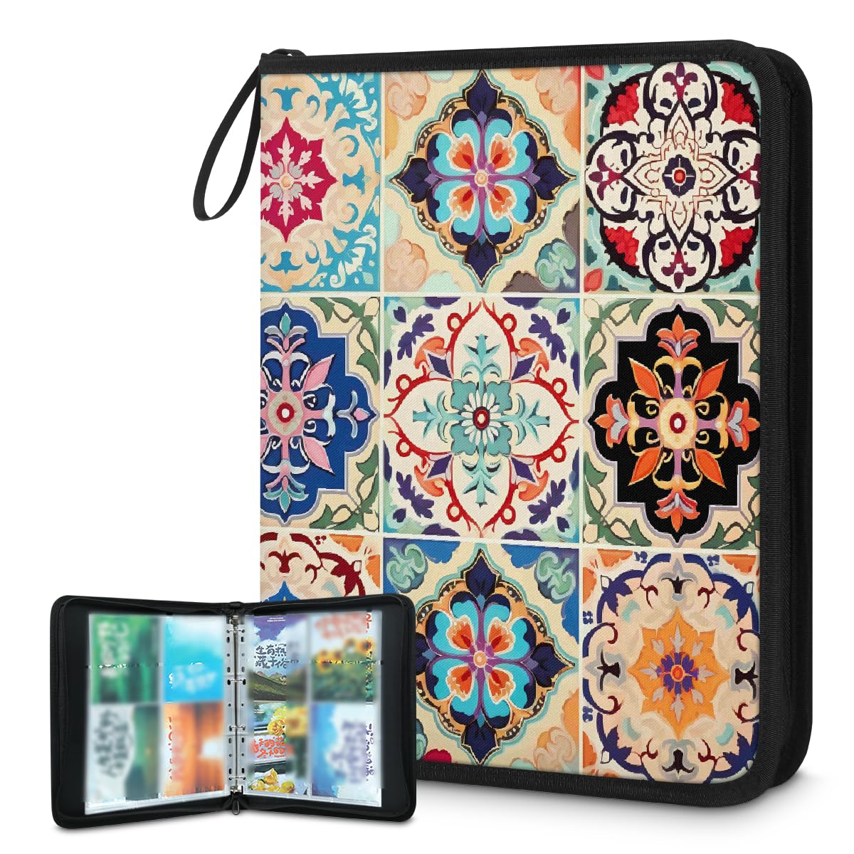 Raccoglitore per carte collezionabili con 4 tasche, stile messicano, piastrelle in ceramica, stile bohémien, damascato, con maniche rimovibili, impermeabile, con cerniera, 50 pagine, capacità 400