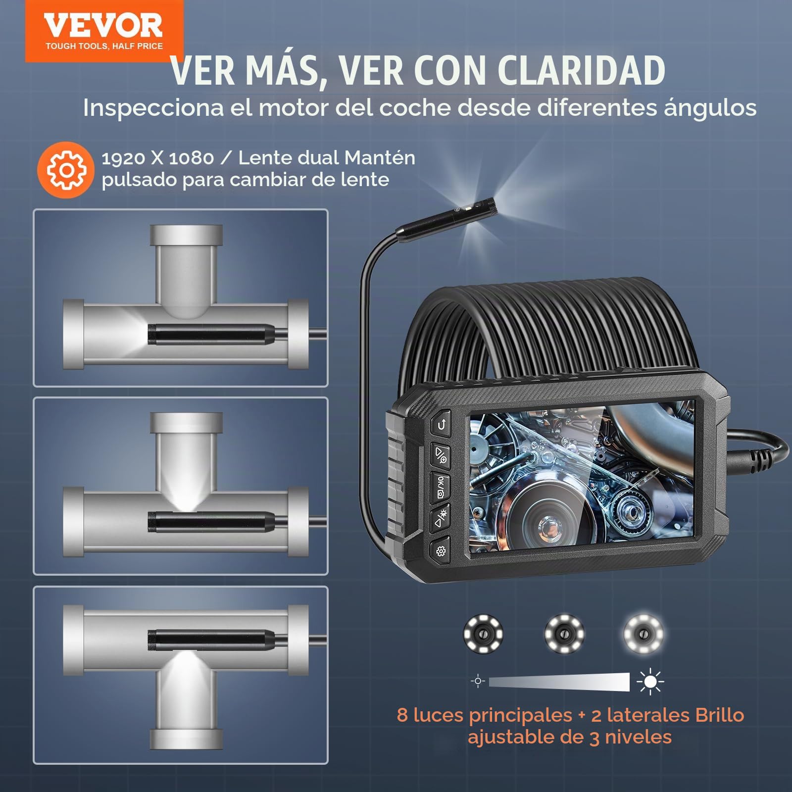 VEVOR Cámara Endoscópica con Luz de Triple Lente con Cable Semirrígido de 15 m, 1080P, con Pantalla, 8 + 2 Luces LED, Impermeable IP67 para Automóviles, Plomería(Tarjeta de 32 GB), 159 x 88 x 28 mm
