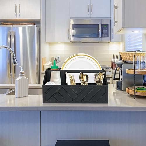 Miniatura 5 de Dispensador de platos de papel, soporte de platos de papel para encimera de cocina, organizador de cubiertos rústico de madera, caja organizadora de