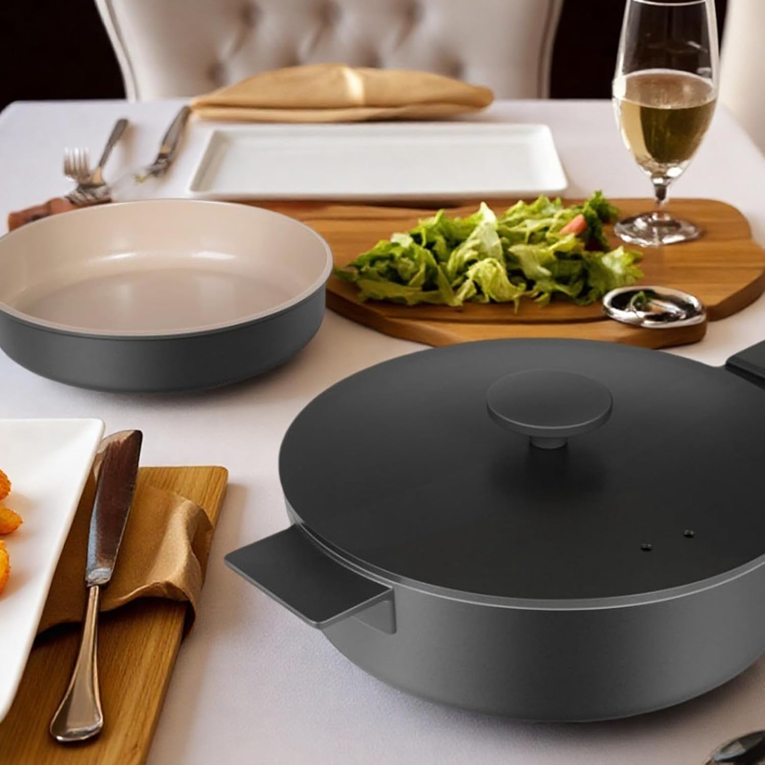 11 Inch All in One Pan with Lid Ceramic Nonstick and 9.5 Inch Circle Pan,Multifunctional Pan Sets for Vertasile Cooking (Black)