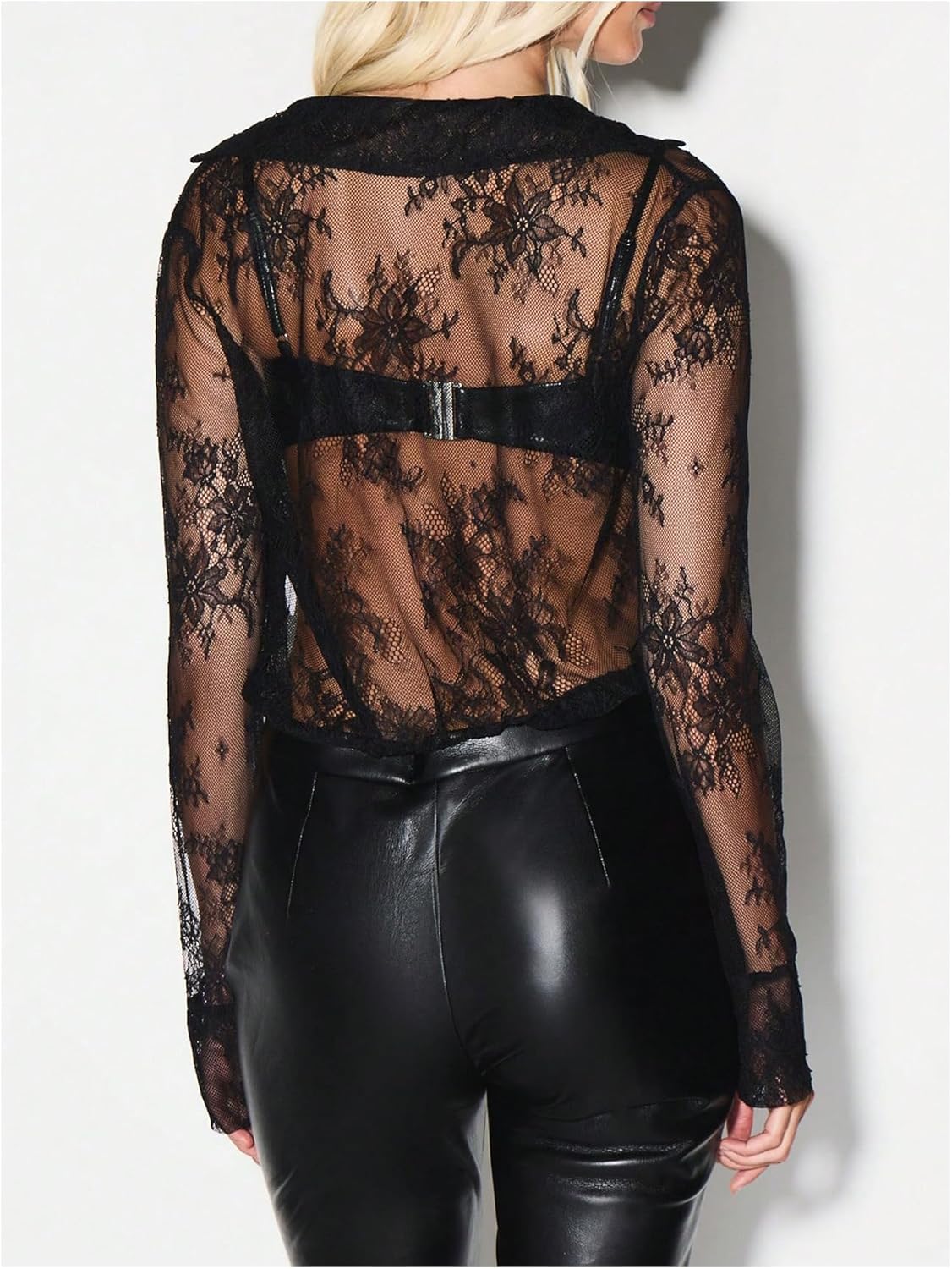 MakeMeChic Women's Floral Lace Cowl Neck Blouse Long Sleeve Draped Sheer Shirt Fall Clothes - Image 2