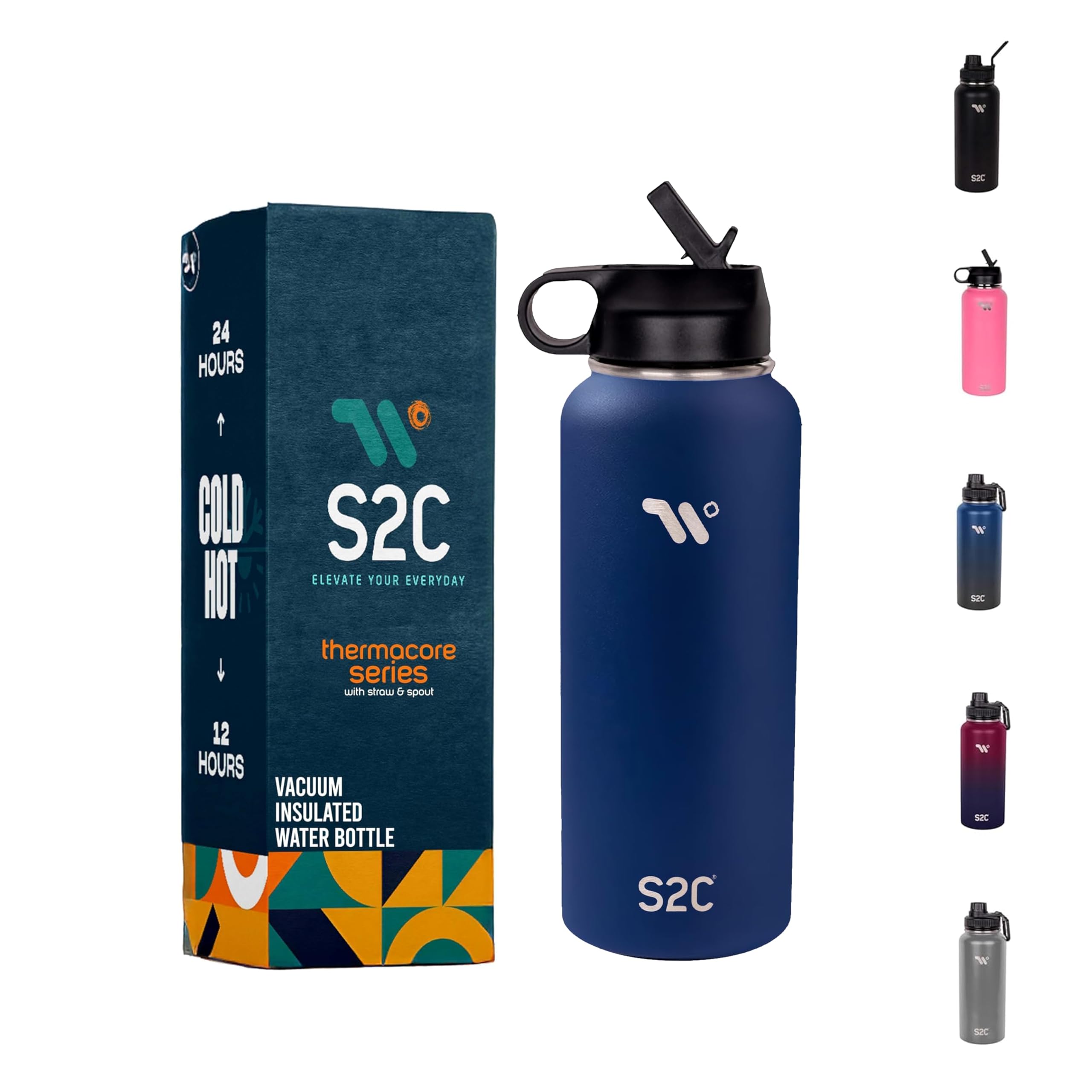 S2C Stainless Steel Water Bottle 1L,32oz Double Wall Vacuum Insulated Water Bottle, BPA Free Water Bottle for Kids School with Straw lid- Thermos Water Flask for Hot Water. (NAVY BLUE)
