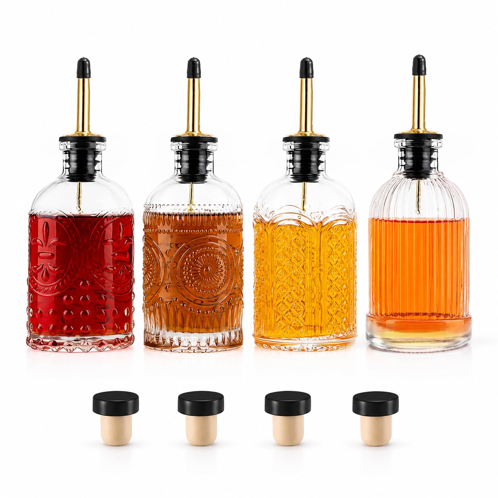 EVERGOODS 4 Pack 200ml Vintage Embossed Glass Coffee Syrup Dispenser Bottles, 6×6×19cm Syrup Bottles with Gold Plated Metal Pour Spout, Reusable Glass Storage Bottle for Coffee Syrup (Black 4PCS)