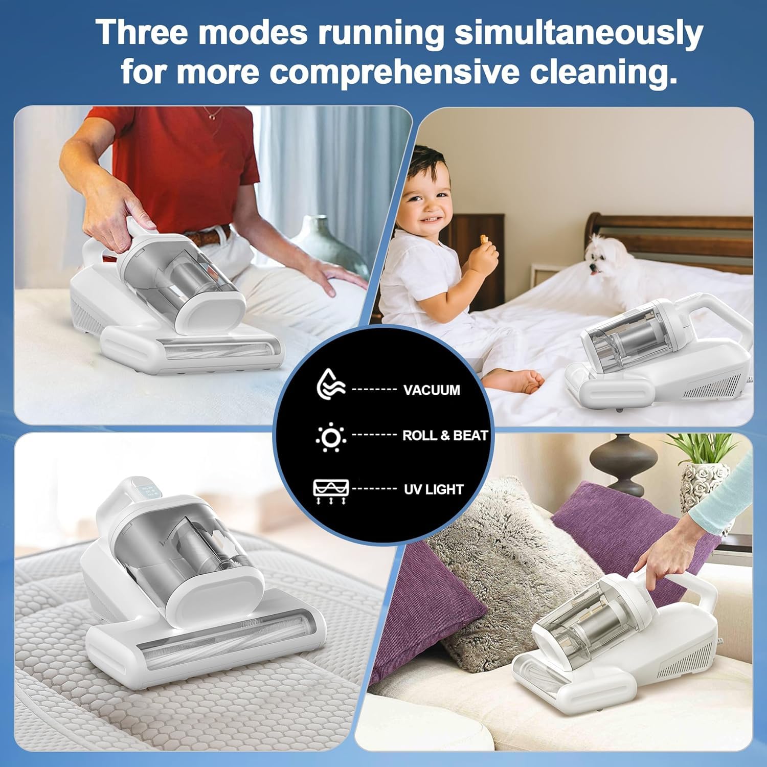 Battimaterasso Antiacaro Aspirapolvere per Materassi - 15KPa Aspira Pulisci Materasso Potente con Sterilizzazione UV e Riscaldamento 60°C, Battitappeto con Filo 5M per Divano, Tessuti e Letti