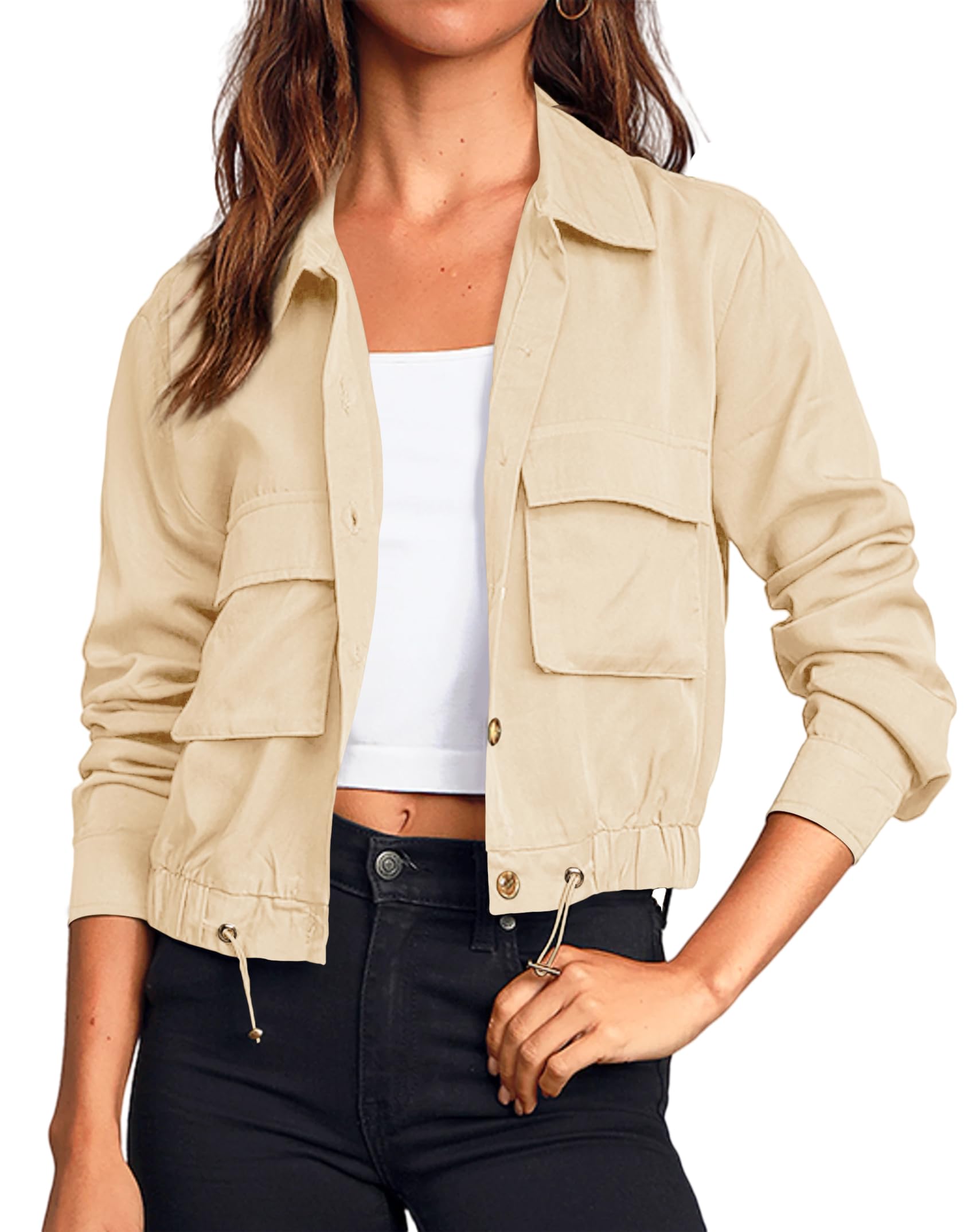 Onedreamer Womens Military Safari Cropped Jackets Button Down Lightweight Oversized Utility Anorak Coat with Pockets