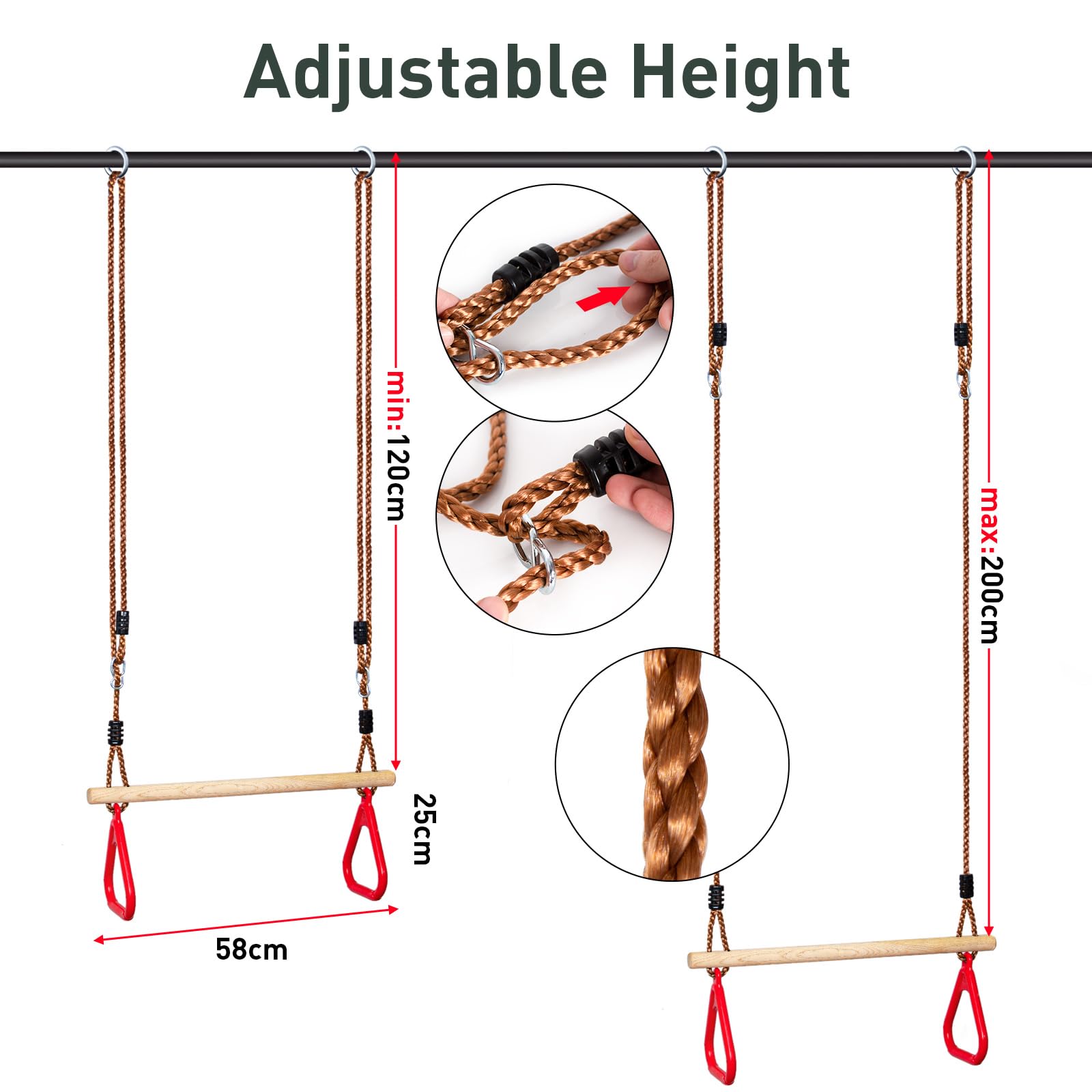 Leogreen - Trapezio in Legno con Anelli da Ginnastica, Barra per Trazioni per Fitness all'Aperto, Colore Rosso