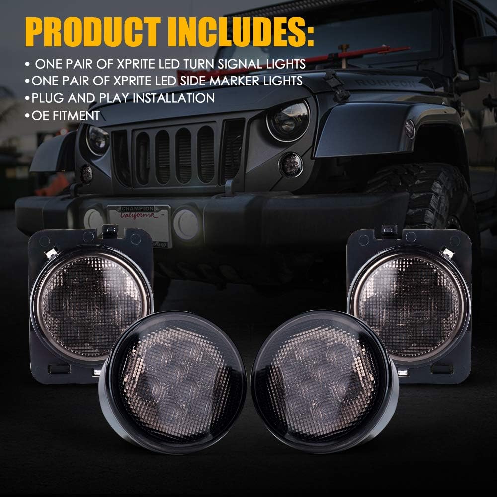 Xprite Smoked Lens Turn Signal & Side Marker Lights Kits Compatible with 2007-2018 Jeep Wrangler JK JKU Unlimited, JK LED Blinker, Amber