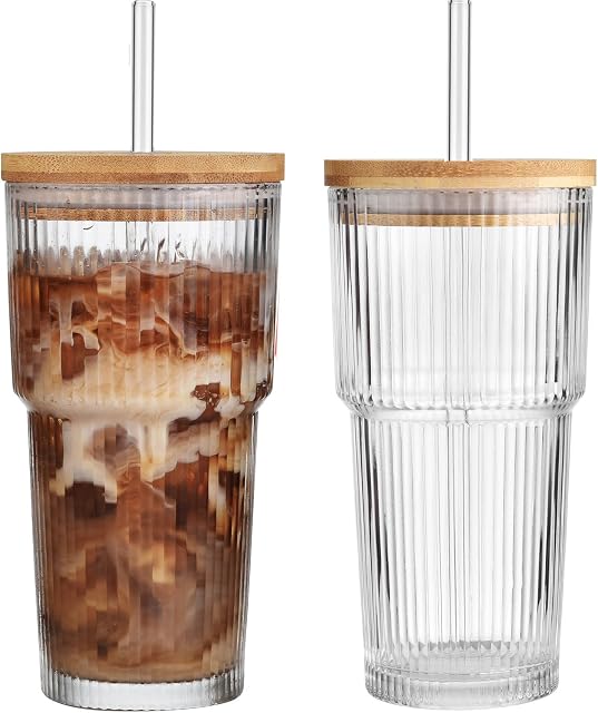 ALINK 2 Pack 20 oz Ribbed Glass Cups Tumblers with Bamboo Lids and Straws,Glassware Set Thickened Glass, Ideal for Iced Coffee,Cocktails,Juices Mason Jar Drinking Glasses