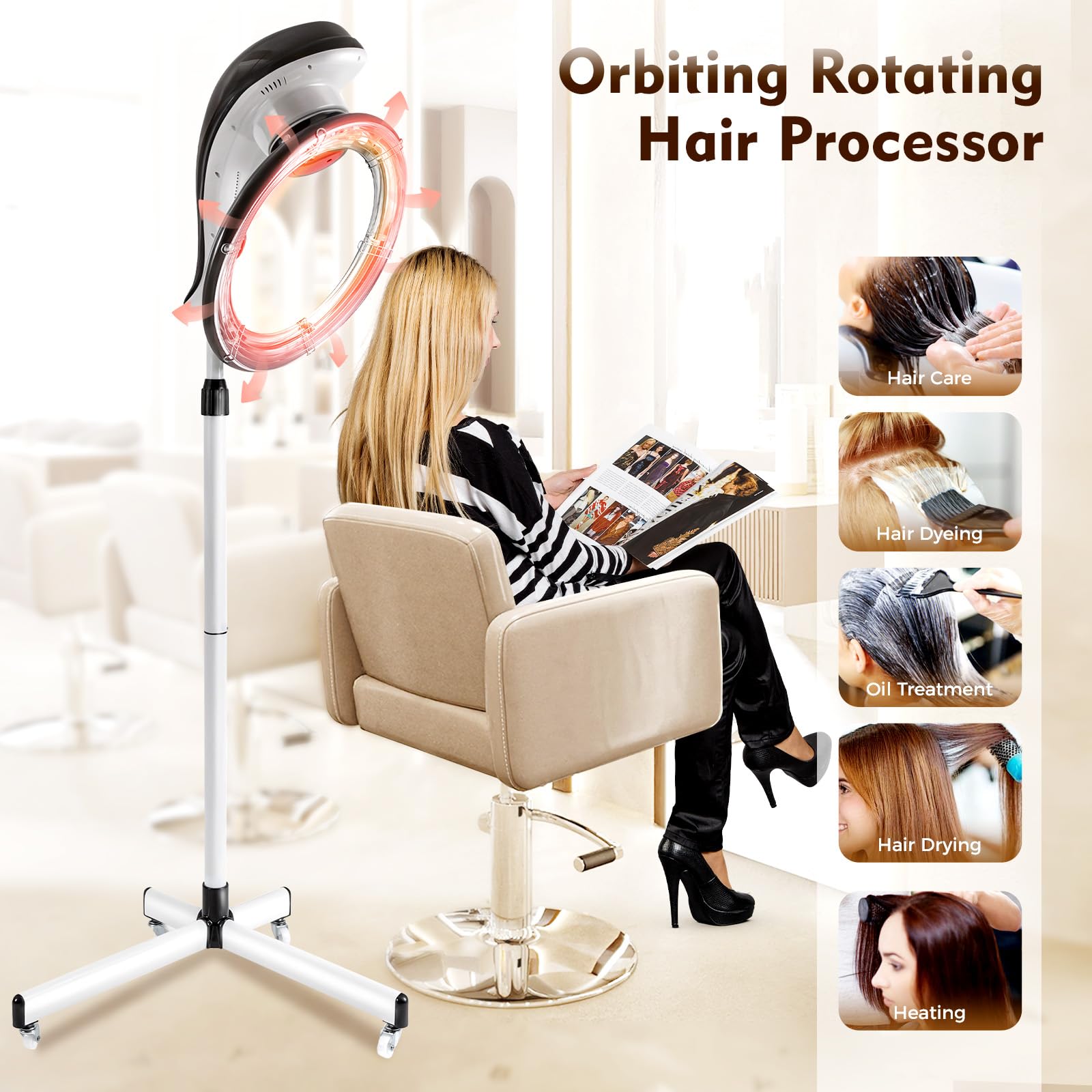 Multifunction Stand Hair Dryer with Rolling Base, 950W Professional Orbiting Rotating Hair Processor Dyeing Drying Perming, Adjustable Height/Angle for Salon & Home