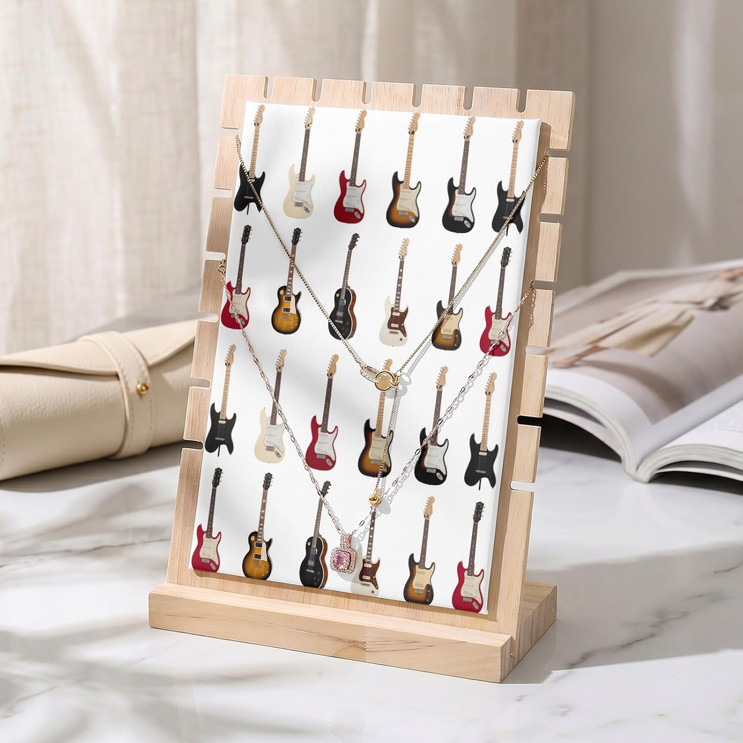 Necklace Display Stand Vintage Musical Instrument Detachable Necklace Holder Jewelry Display Storage, Cartoon Guitar Bass Wooden Jewelry Organizer for Selling 7x3x9in