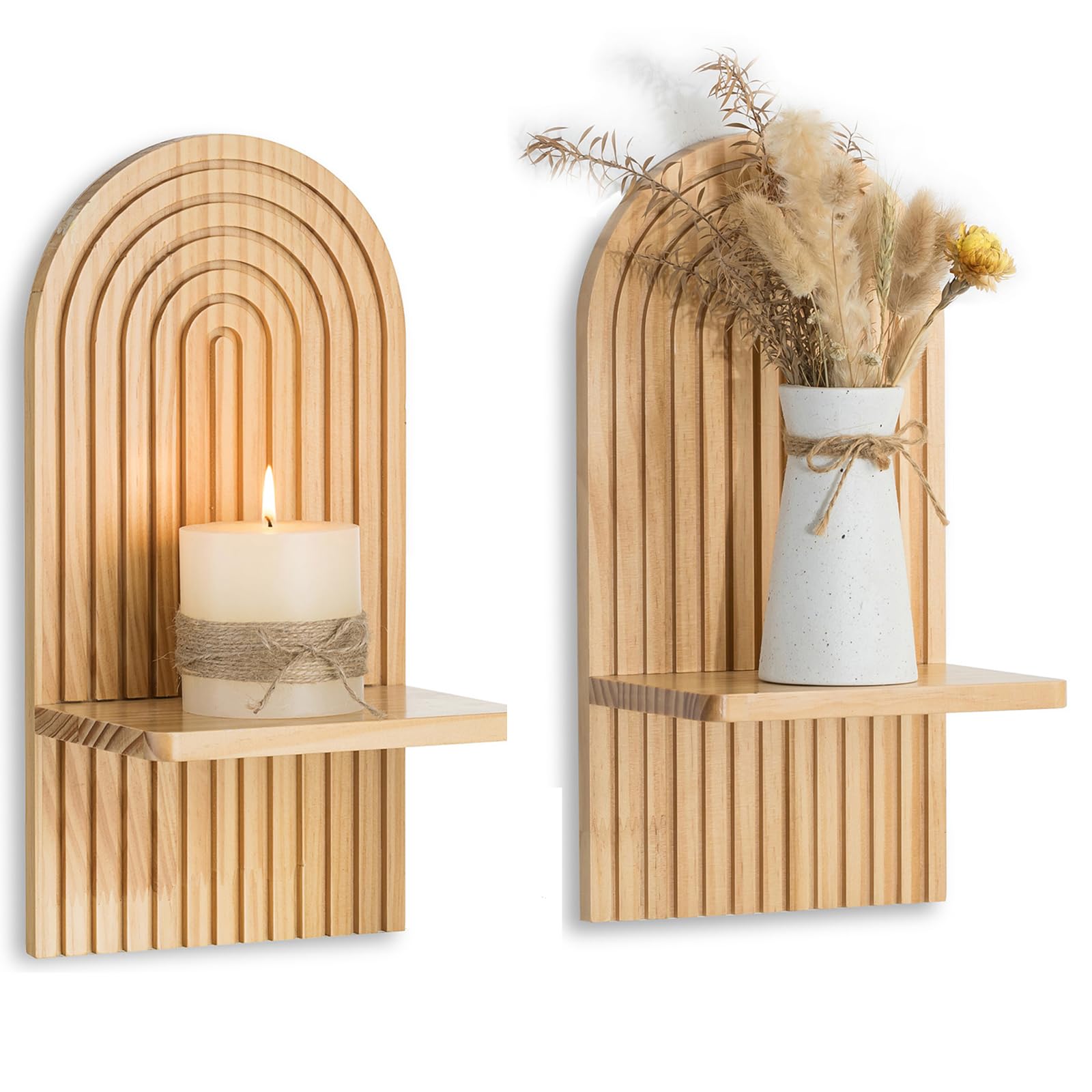 Boho Wall Decor Set of Two - Natural Modern Minimalist Mid Century Wall Candle Holder for Living Room - Wood Bohemian Decor for Bathroom Nursery Bedroom - Product view