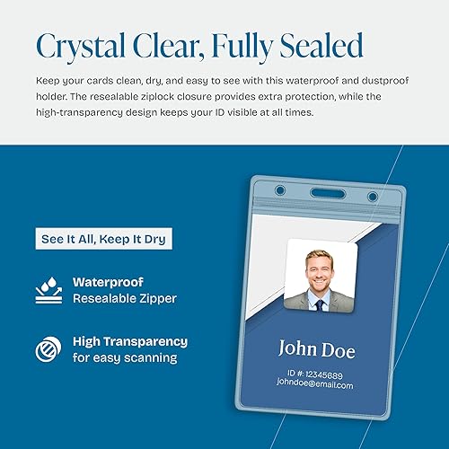 Miniatura 6 de 50 soportes para tarjetas de identificación extragruesos, soporte vertical de PVC transparente con cierre hermético impermeable (2.6 x 3.7 pulgadas